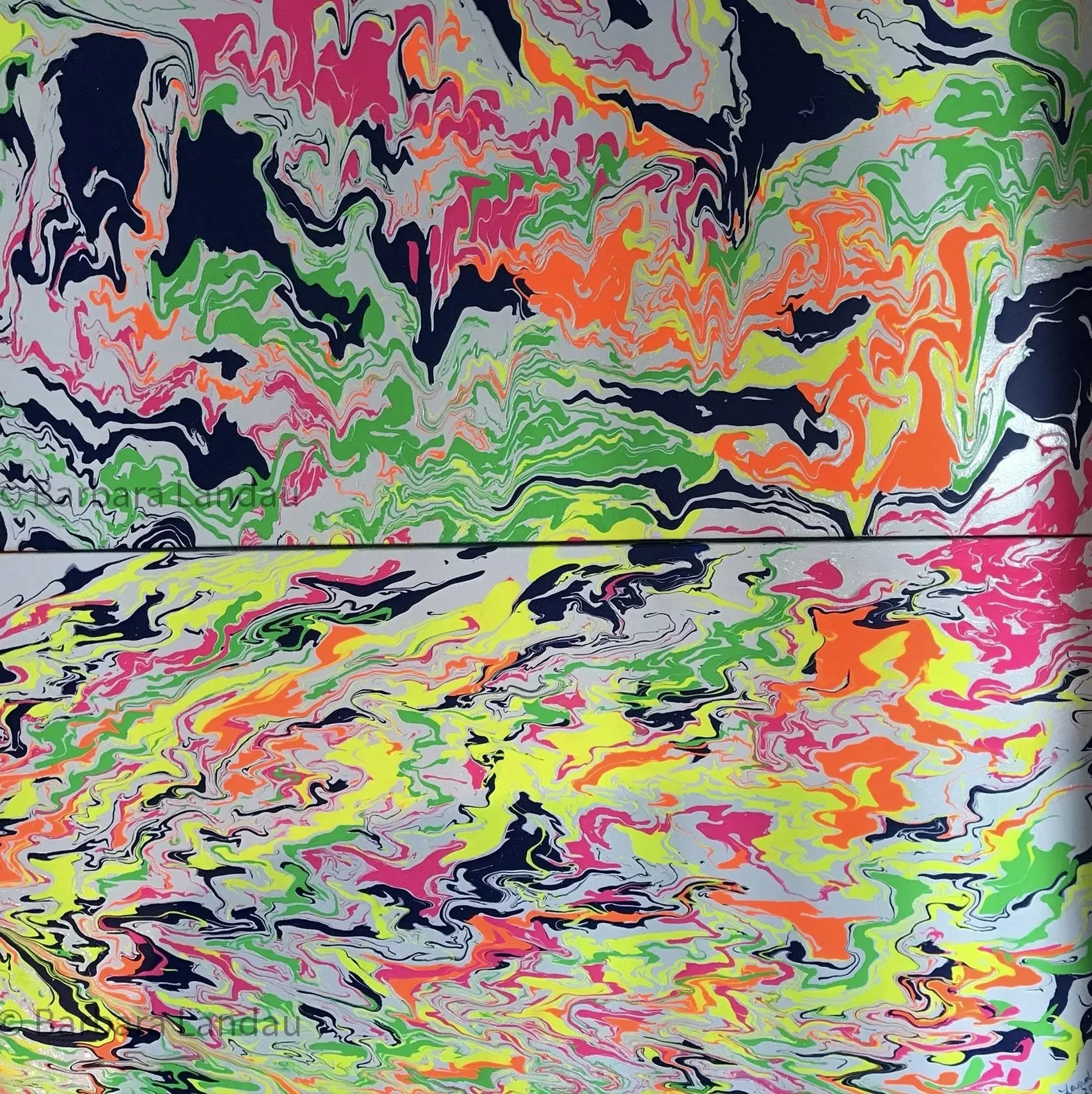 Swimming with Seahorses ©️2020 Barbara Landau - Acrylic, Mixed Media on Canvas - Each panel is 20” x 40” x 1.5”