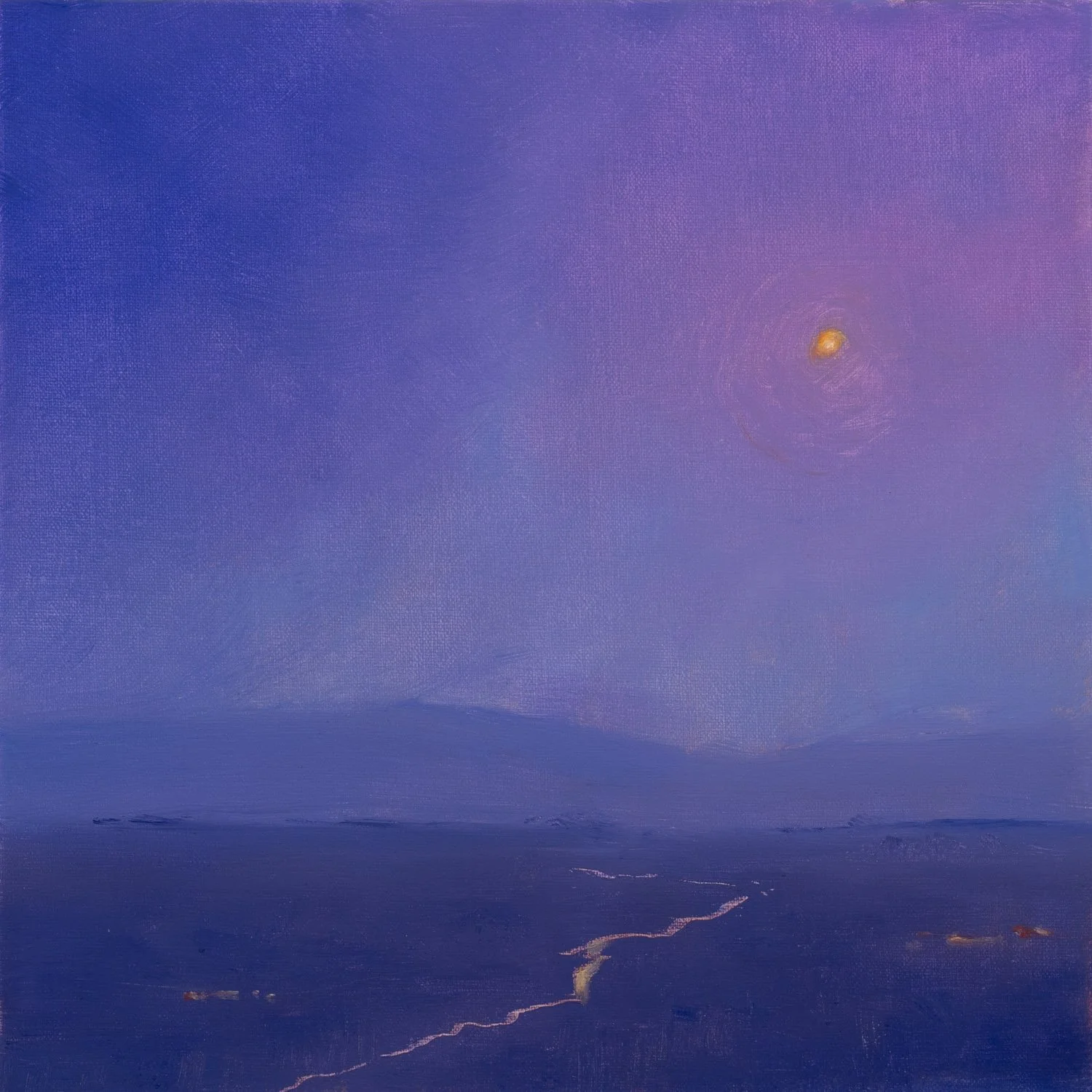 Spirit River, 10x10 original oil painting by Graham Salisbury, violet twilight landscape with glowing moon and winding river