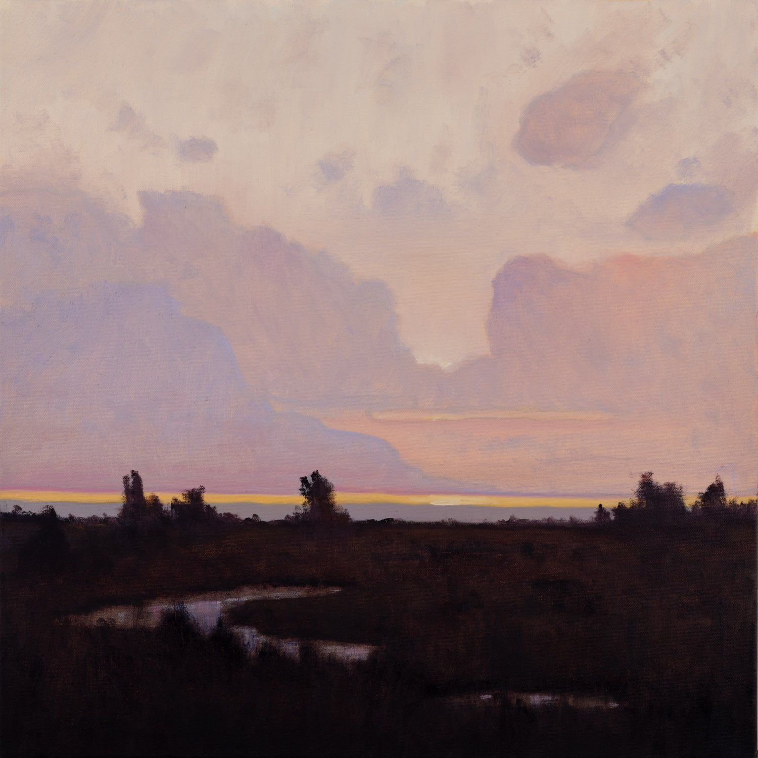 Subliminal Dream, 24x24 original oil painting by Graham Salisbury, twilight marsh landscape with glowing horizon and lavender sky
