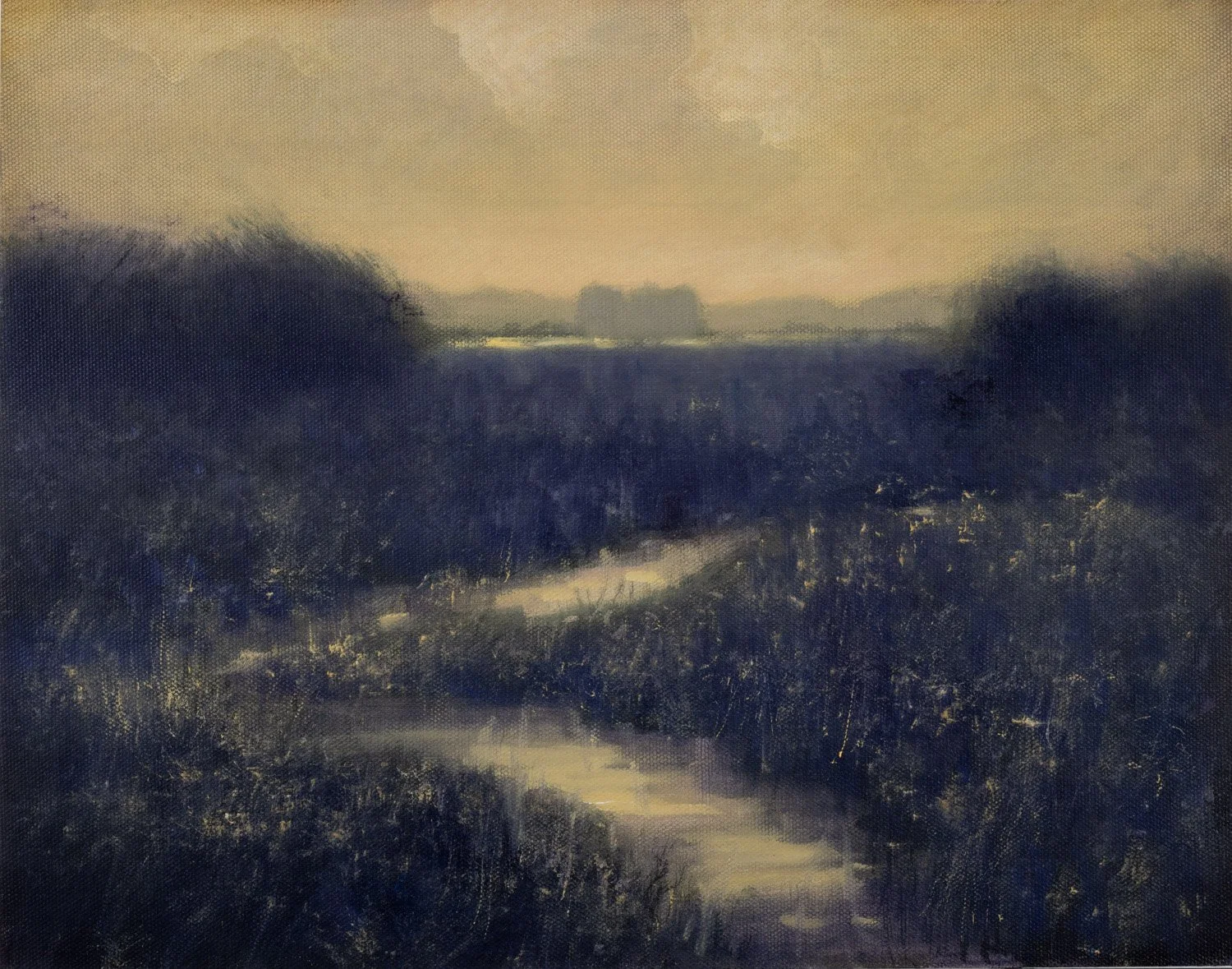 Mystical Dream, 14x11 oil and acrylic painting by Graham Salisbury, indigo marsh landscape with golden sky, colorized black and white