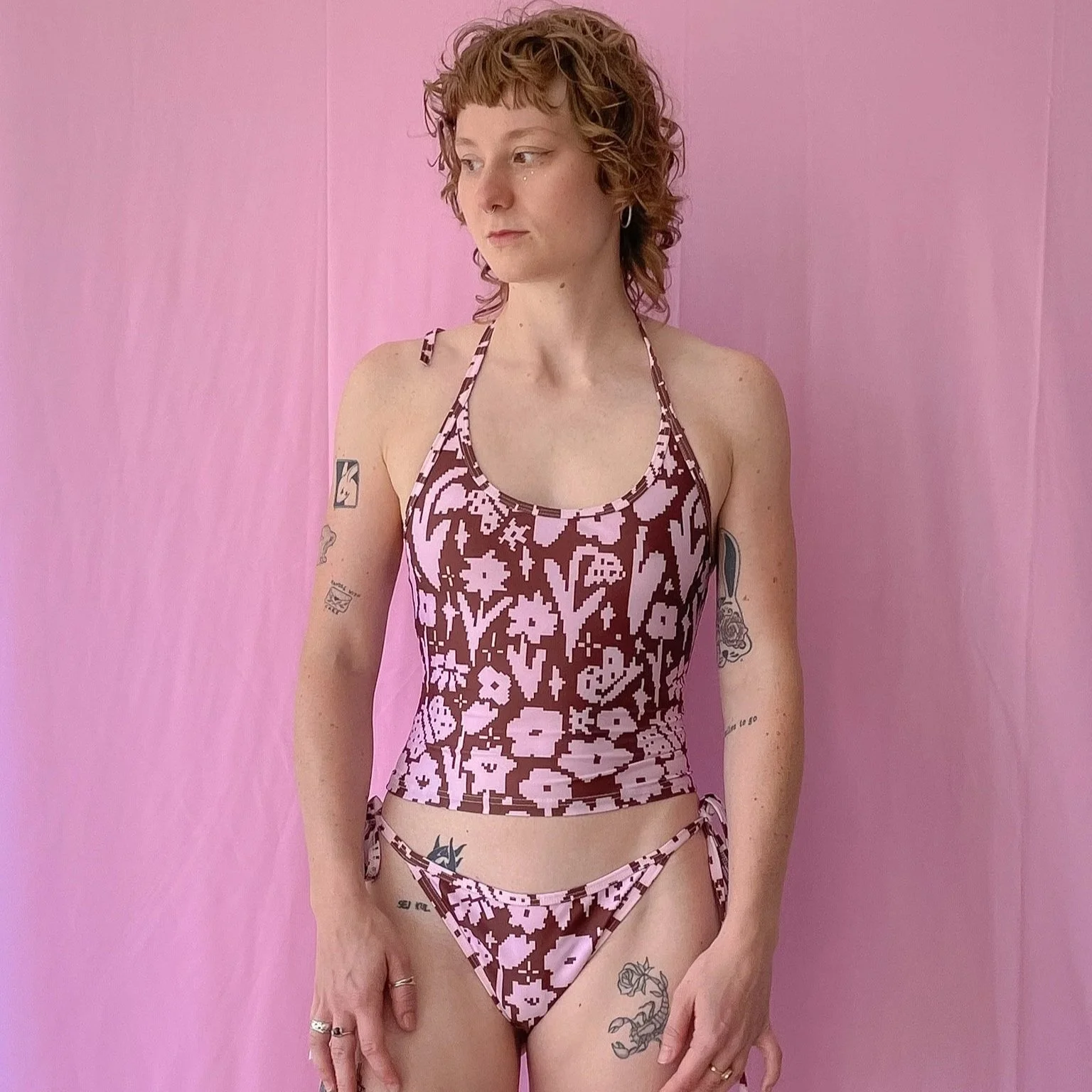 PINK AND BROWN FLOWERS SWIMWEAR