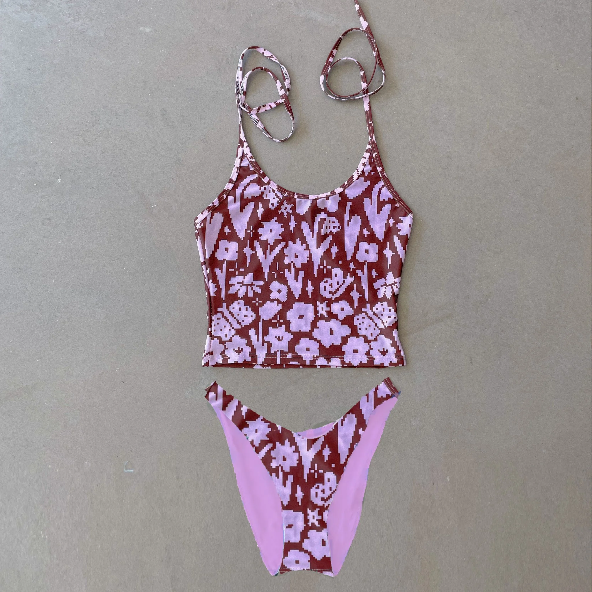 PINK AND BROWN FLOWERS SWIMWEAR