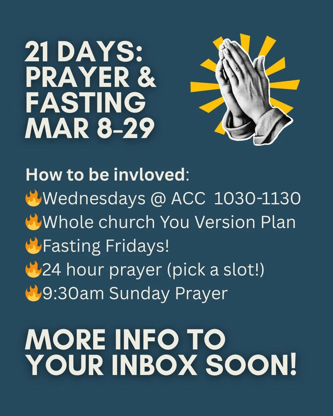It's time to prep for Prayer and fasting and we're PUMPED! Here are some ways you can get invloved. If you don't already get emails from ACC, inbox us here, or email admin@armidalechurch.com and we'll add you!