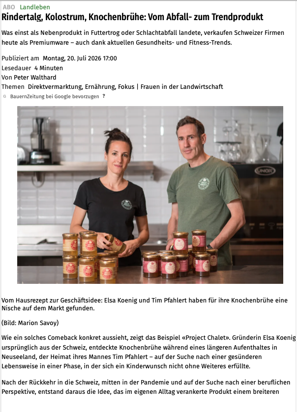 "Rindertalg, Kolostrum, Knochenbrühe: Vom Abfall- zum Trendprodukt" - article BauernZeitung du 20.07.2026