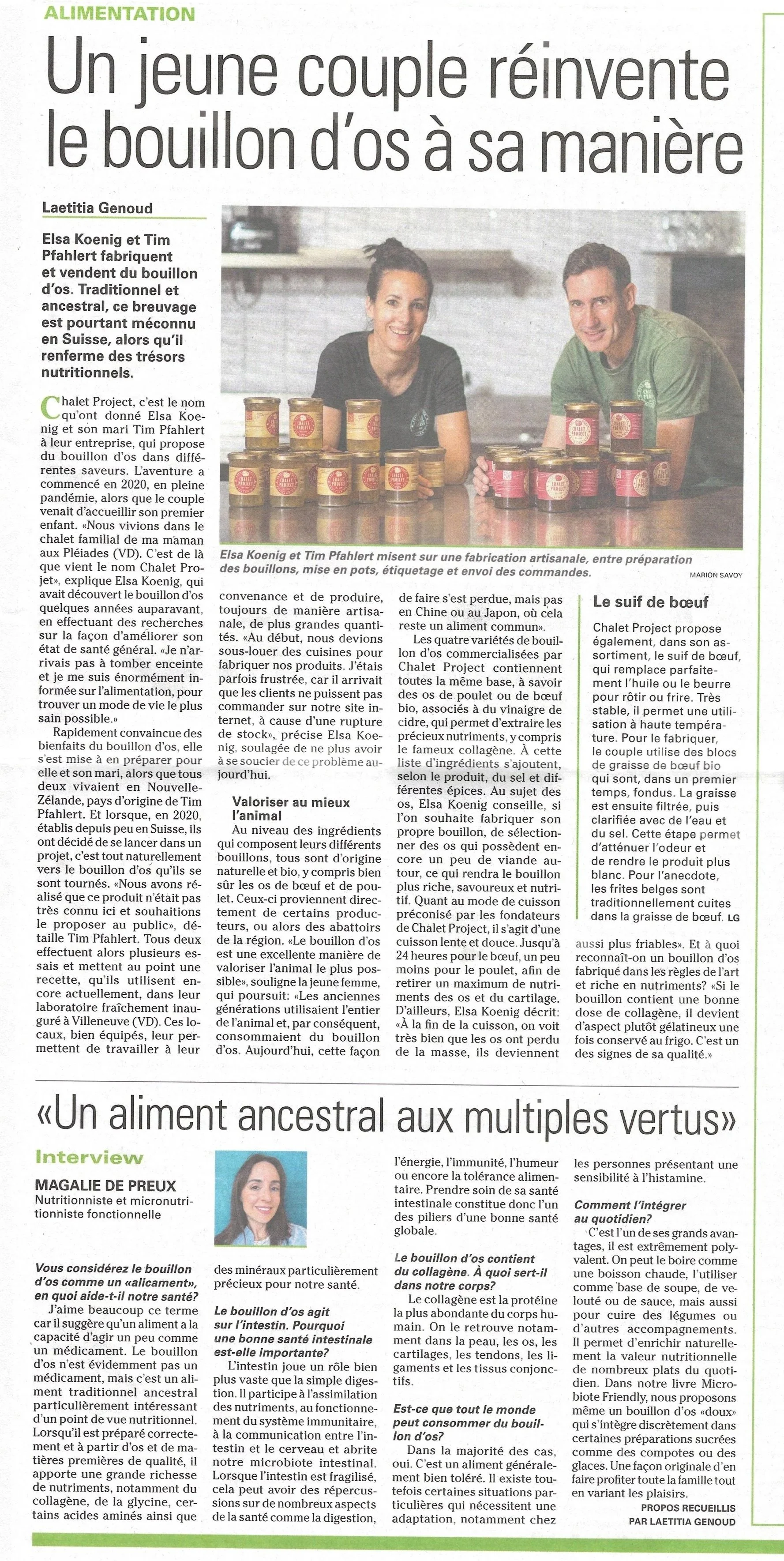 "Un jeune couple réinvente le bouillon d'os à sa manière" - article Agri du 26.06.2026