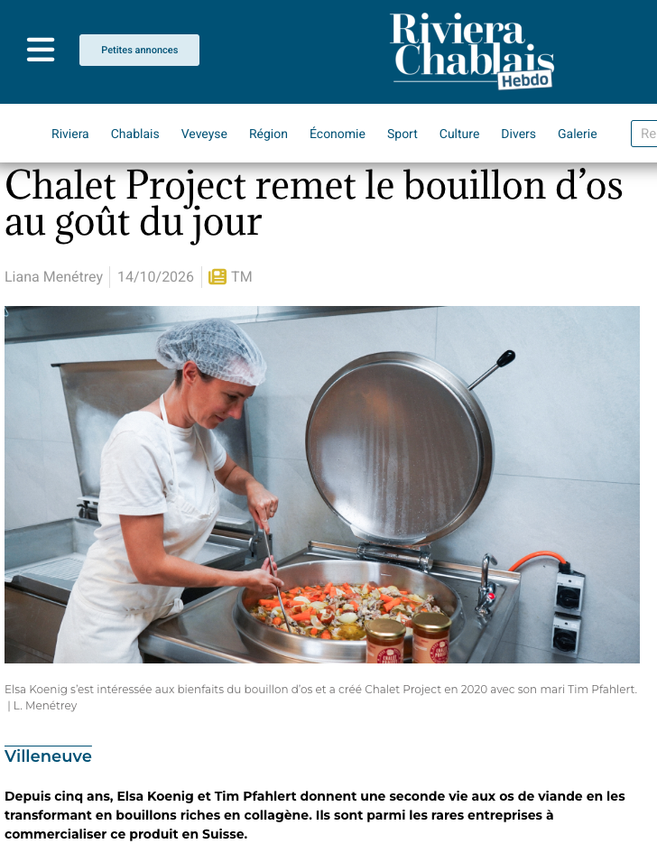 "Chalet Project remet le bouillon d'os au goût du jour" - article Riviera Chablais Hebdo du 14.10.26