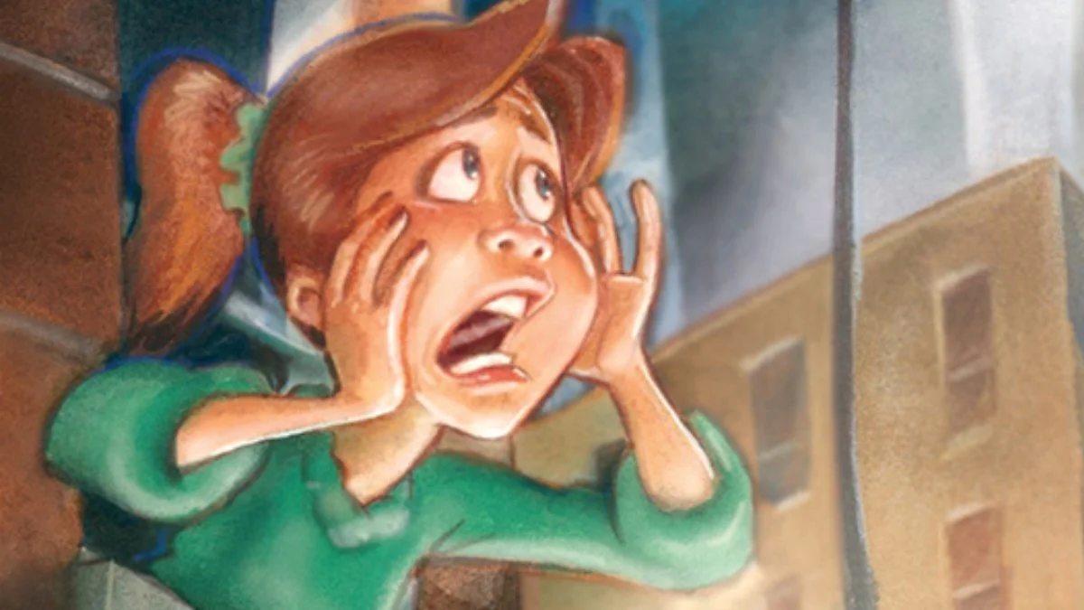 Connie, wearing a girl sweater, leans out a window and screams.