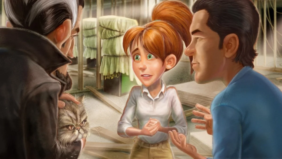 Connie, in a white shirt, looks on in fear at Blackgaard, wearing a black cloak, who holds a large cat. Richard, wearing a blue shirt, looks to Blackgaard. They all stand in a mostly empty building.