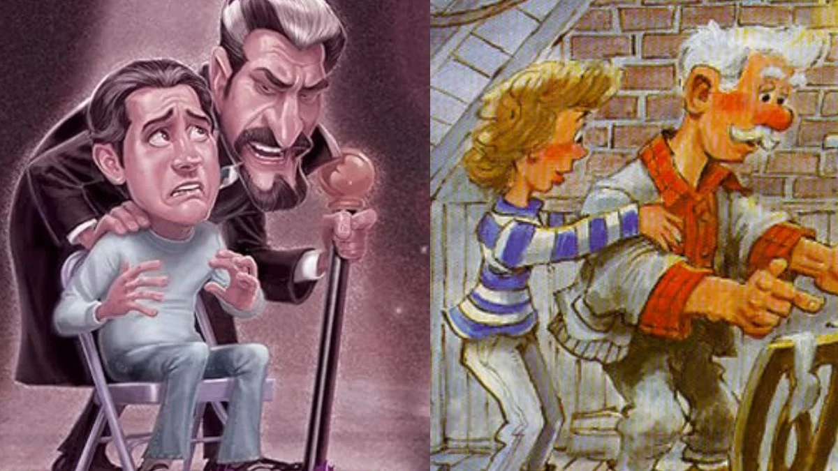 A collage of two images. One with Blackgaard looming over Richard, who sits in a chair. Richad's terrified. The other image is of Connie holding Whit’s arm in an attic.