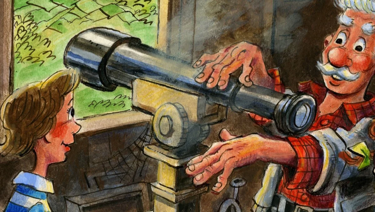Whit shows an old telescope, covered in cobwebs, to an interested Connie.