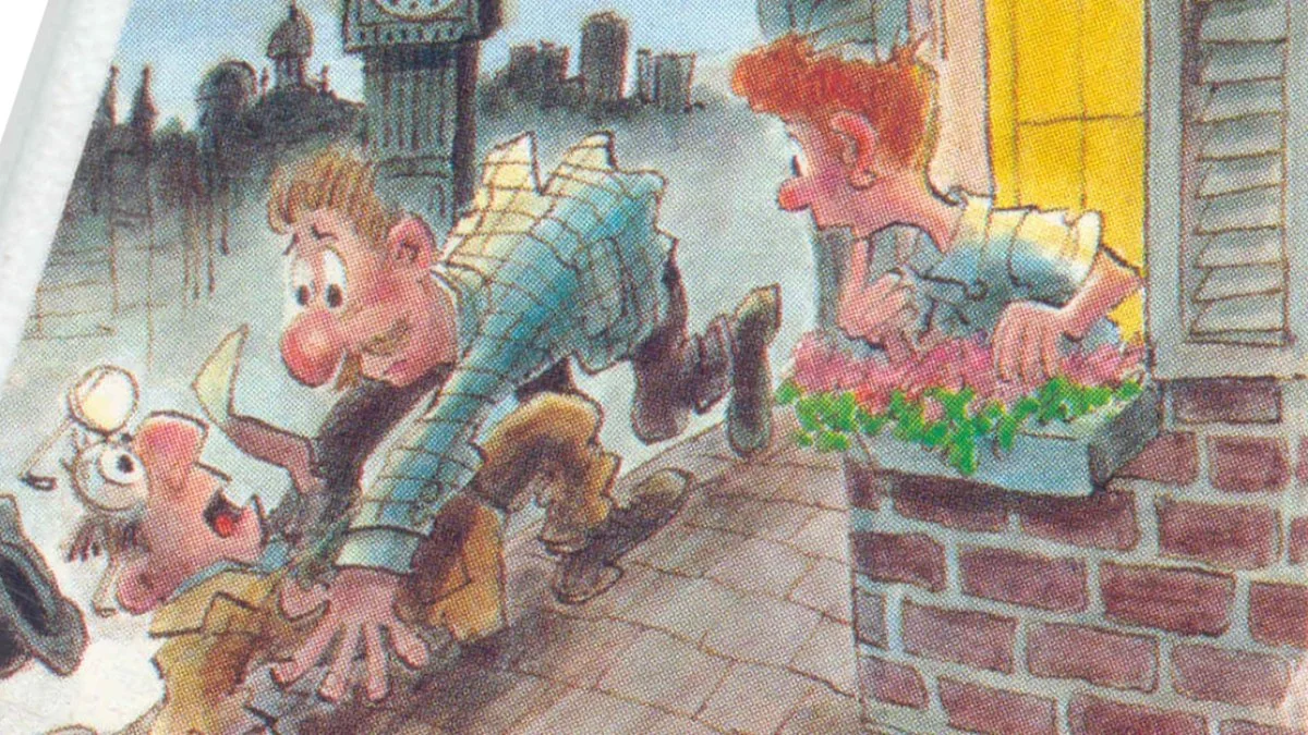 Two adult men struggle, one with glasses, another with a mustache, on top of a building, as a child watches from an open window.