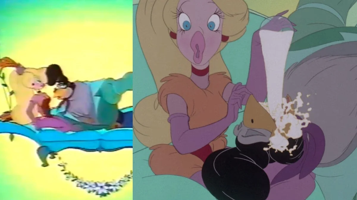 Two screenshots from Rock-A-Doodle. On the left is an early shot showing off Goldie's "proportions" and the shot on the right shows off how they were covered up in the final film.