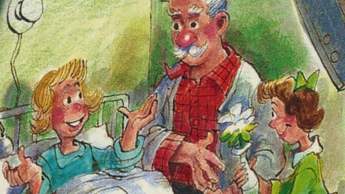 Karen, a blonde haired girl sits in a hospital bed as Whit and Donna, holding a flower in a small vase, talk with her.