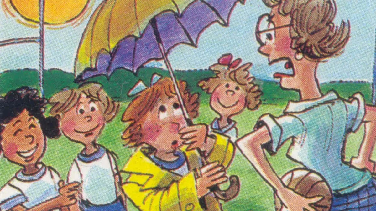 Donna, in a yellow rain coat holding a yellow umbrella, stands in front of her mean gym teacher as other students look on.