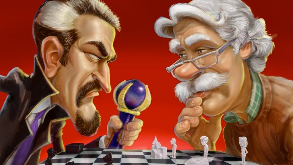 Blackgaard and Whit stare each other down over a chess board. Blackgaard holds a staff. Whit giving Blackgaard some strong "wanna go back to my place?" eyes.