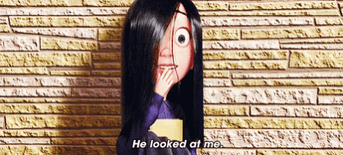 Looping GIF of Violet from The Incredibles talking to herself, delighted, with the text, "He looked at me."