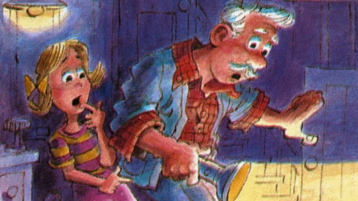 Whit and a young girl walk through a darkened basement, Whit holding a flashlight. Both look shocked at what they've found.