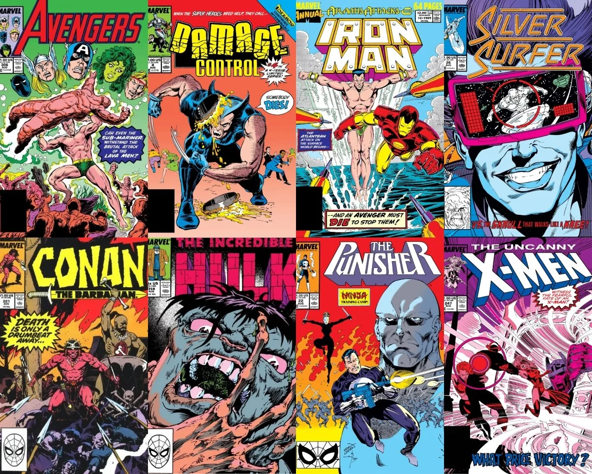 A collage of eight comics including Avengers, Damage Control, Iron Man, Silver Surfer, Conan the Barbarian, The Incredible Hulk, the Punisher, and The Uncanny X-Men