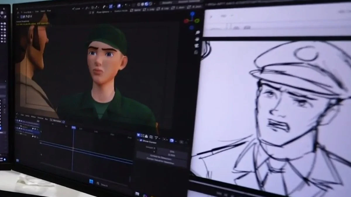 A view of an animation program on the left with early animation of Jerry next to a storyboard of Jerry in military uniform.