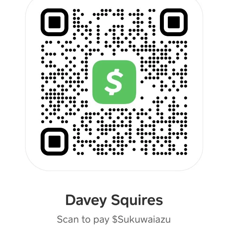 QR code for Cash App to pay Davey Squires, with text 'Scan to pay $Sukuwaiazu'.