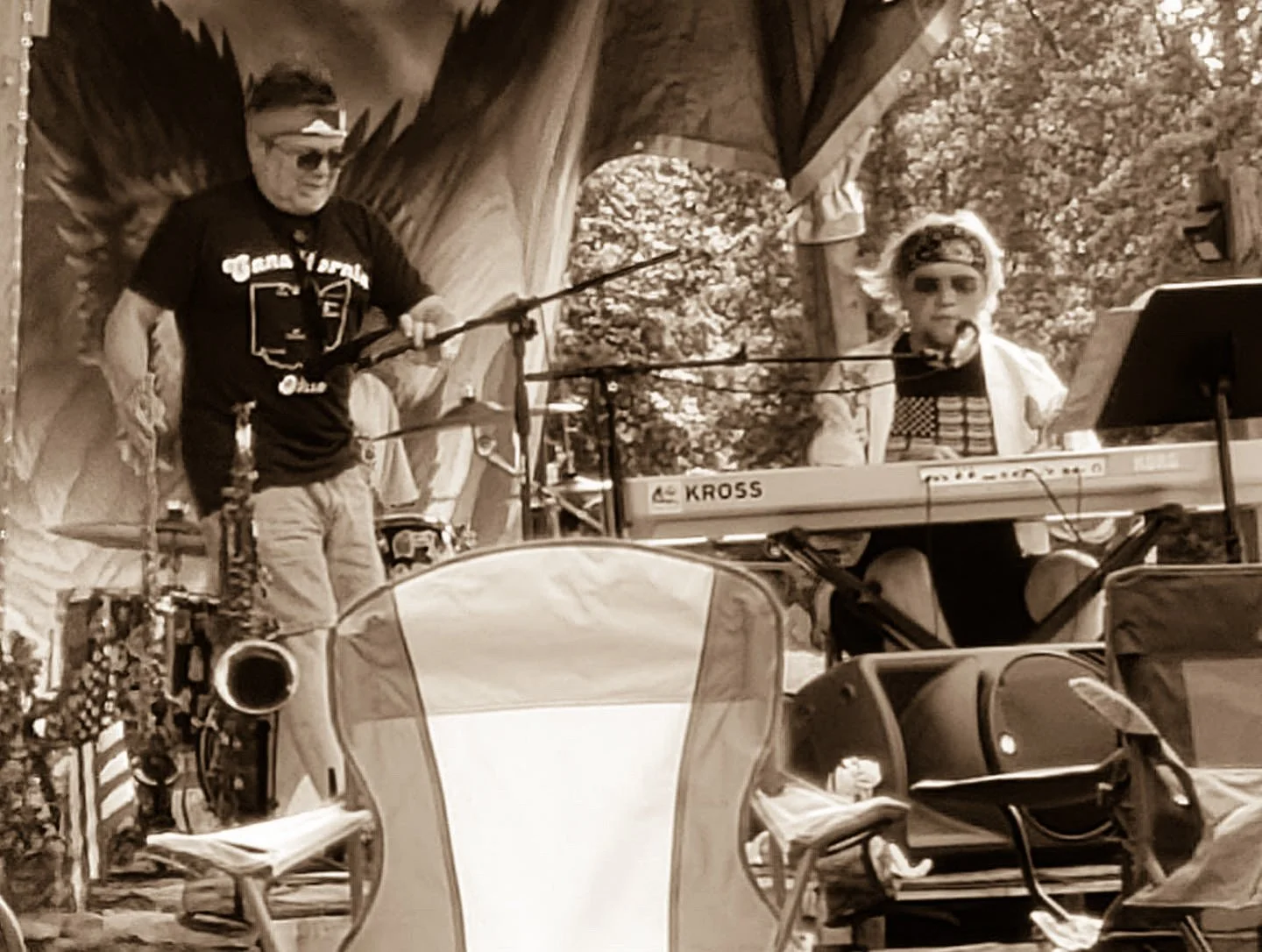 Two musicians performing on a stage outdoors, one playing a keyboard and the other a wind instrument. The stage has a natural, wooded backdrop with trees visible.