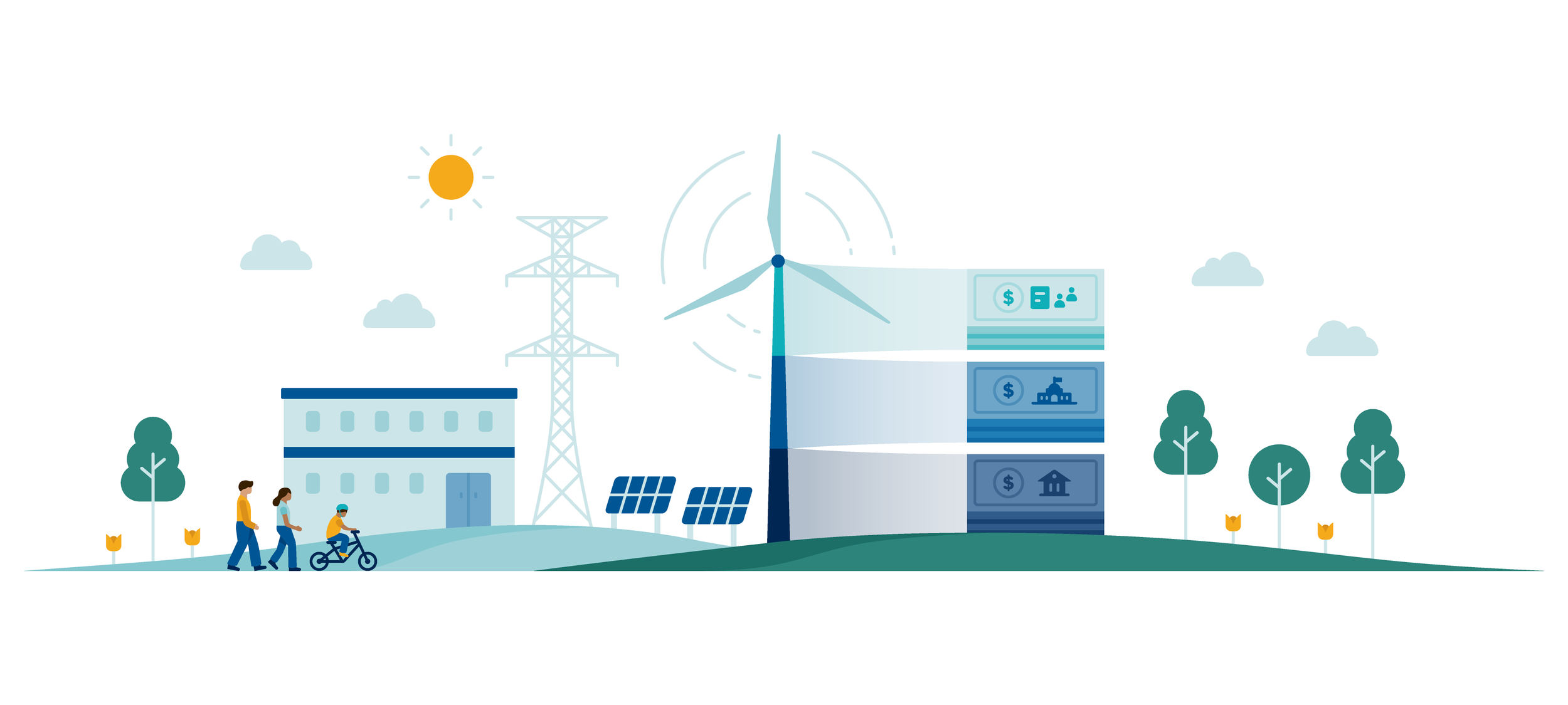 Illustrations to show how renewable energy projects are funded by different sources, for Impact Investing Hub | Cheryl Loh | Freelance Graphic Designer and Illustrator in Vancouver