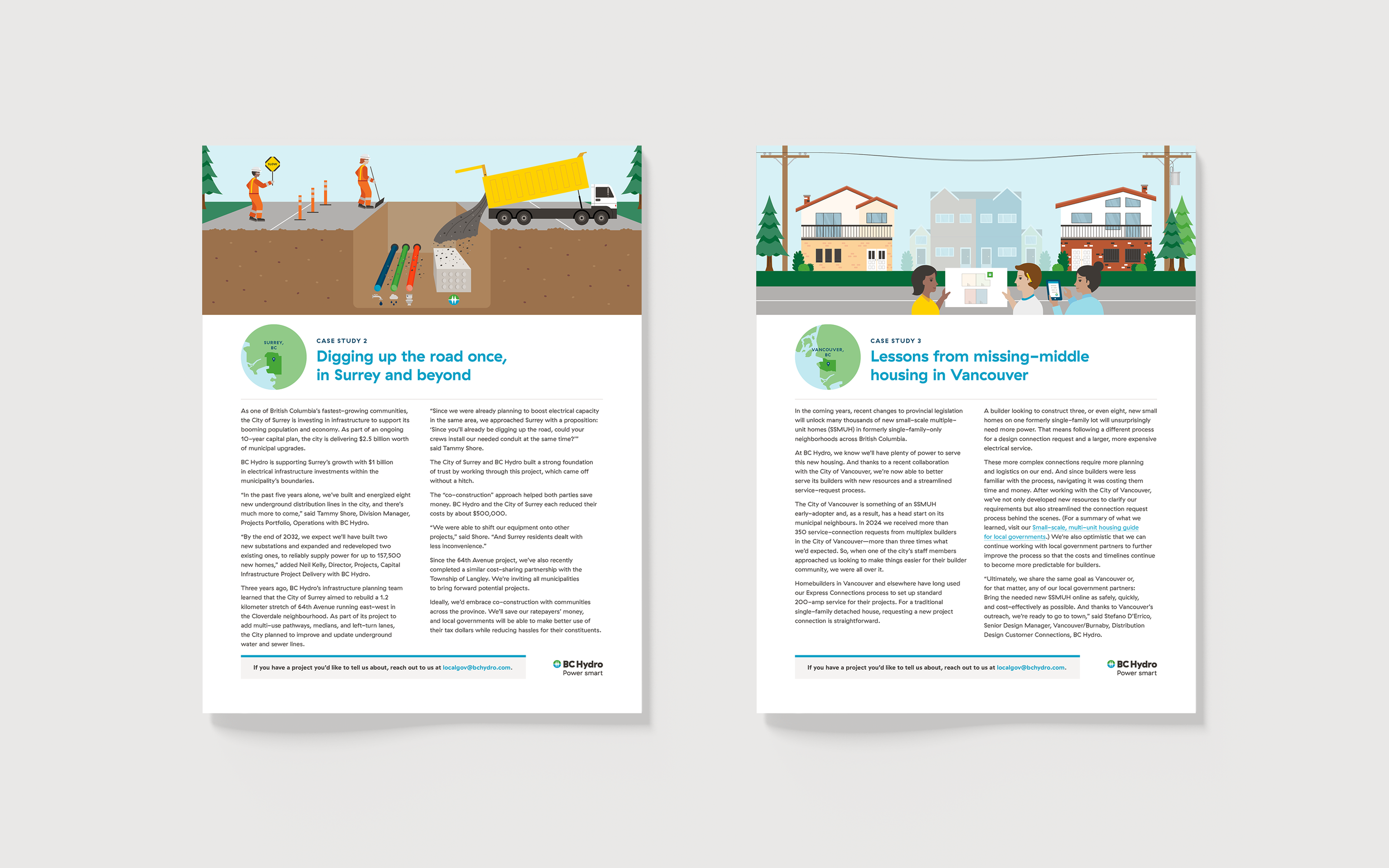 Case study document design with custom illustration for BC Hydro in collaboration with Bright Future Studio, design by Vancouver graphic designer Cheryl Loh