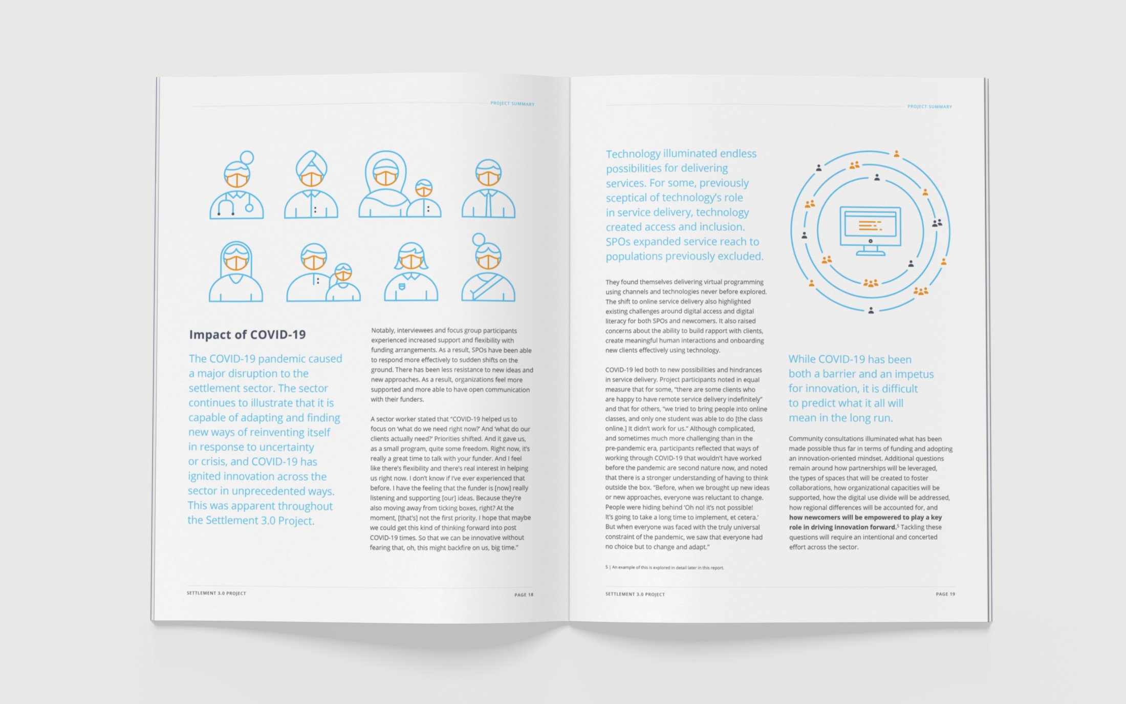 Custom report design with illustration for PeaceGeeks by freelance graphic designer Cheryl Loh
