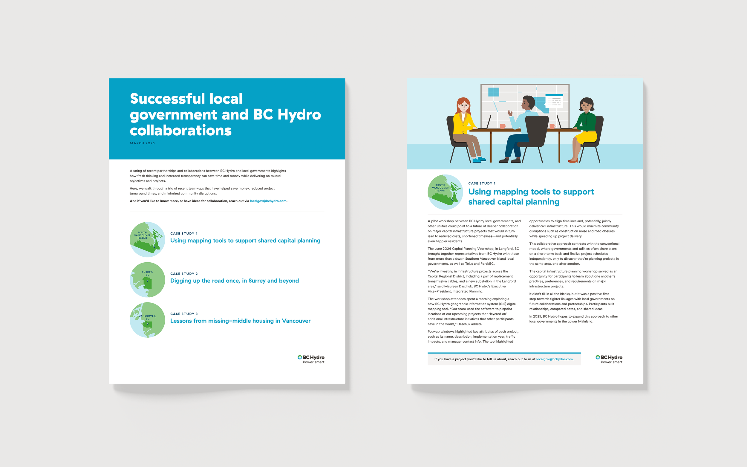 Case study document design with custom illustration for BC Hydro in collaboration with Bright Future Studio, design by Vancouver graphic designer Cheryl Loh