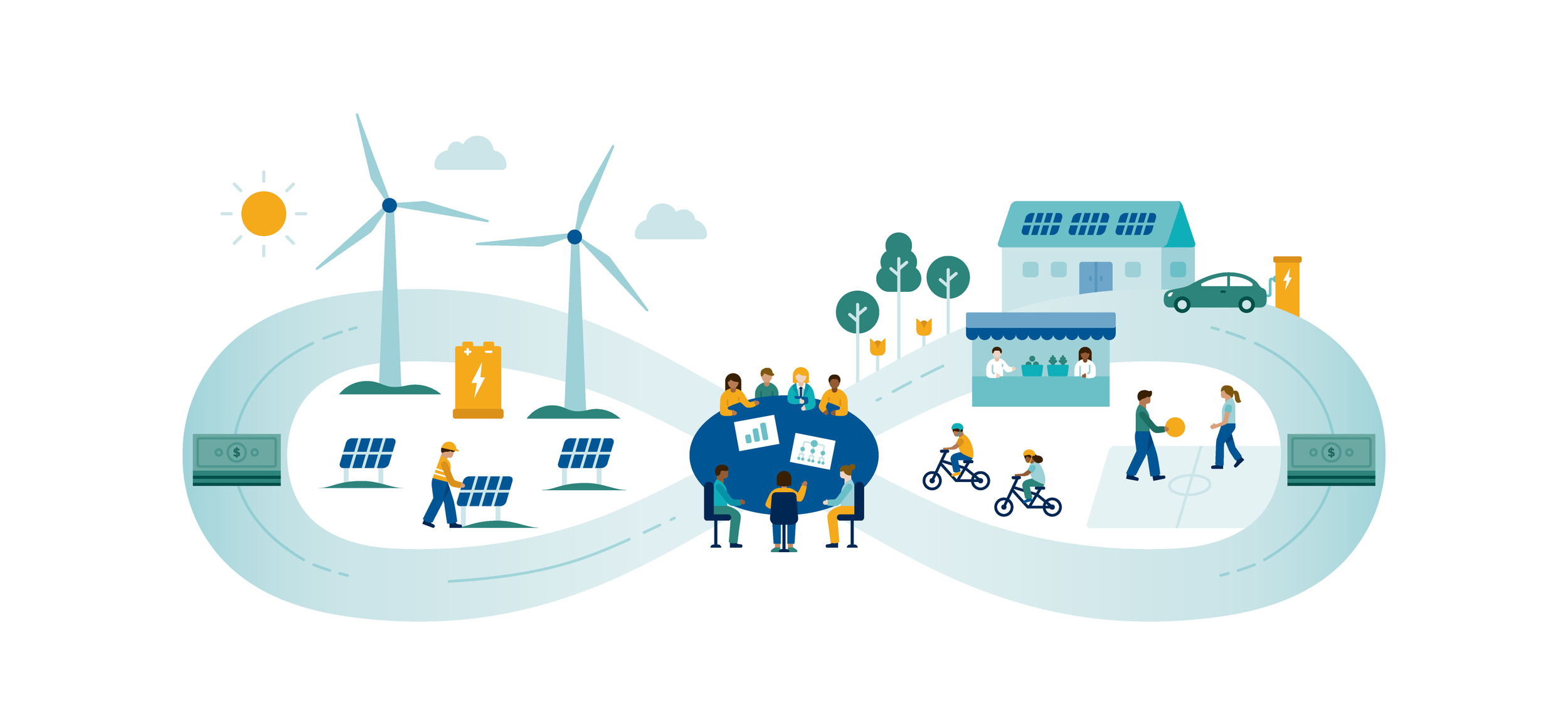 Illustrations to convey the flow of funds being reinvested back into the community, for Impact Investing Hub | Cheryl Loh | Freelance Graphic Designer and Illustrator in Vancouver