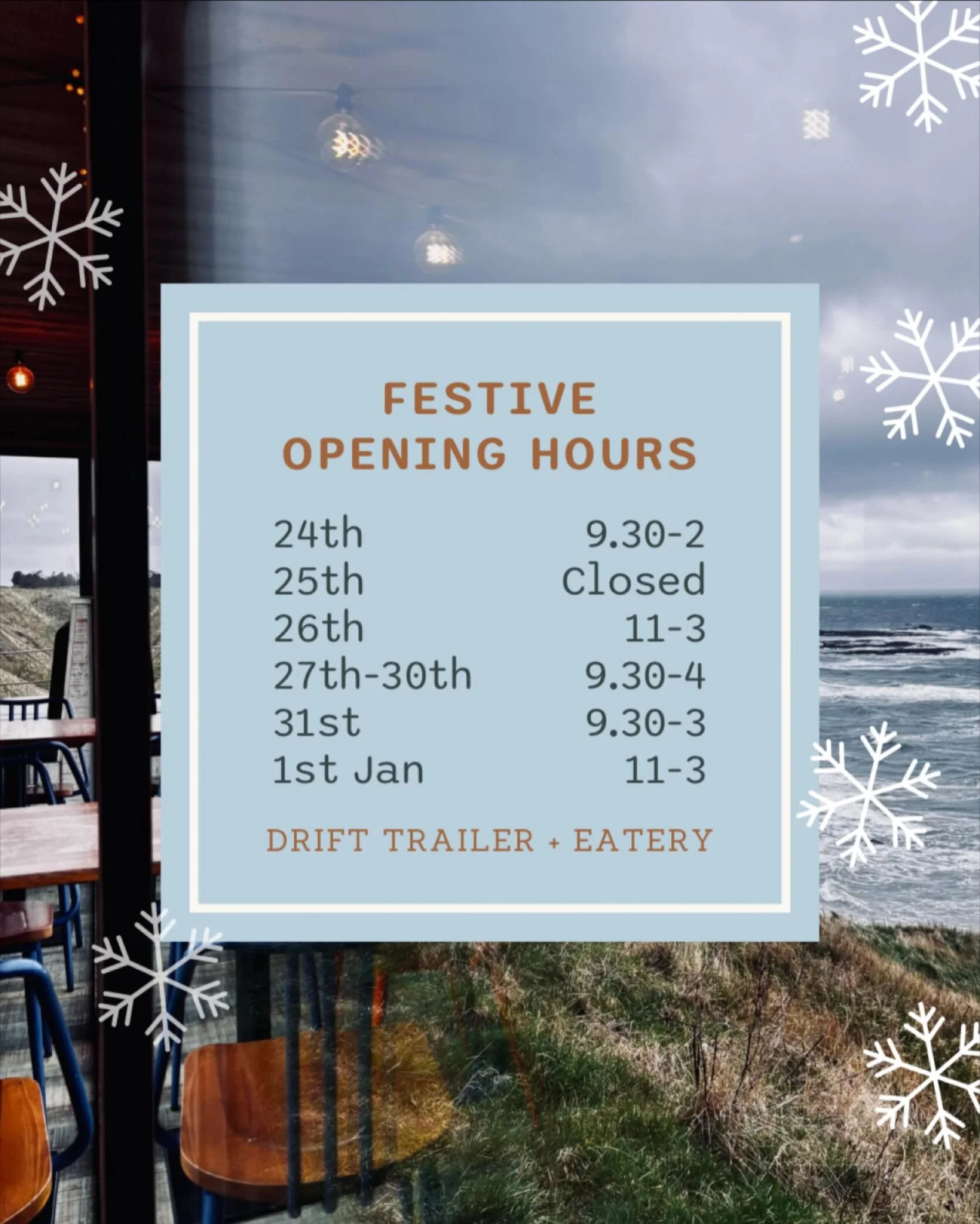 ✨ Our festive hours are here!

Plan your cosy catch-ups, sea-view escapes and winter treats with us this season.

We can&rsquo;t wait to welcome you in.