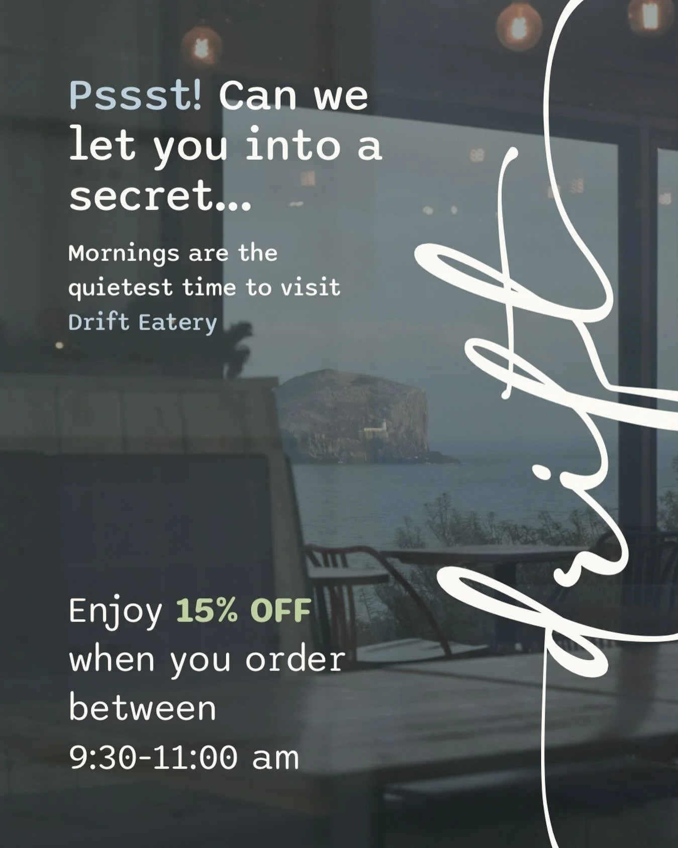 Start your day right at Drift Eatery!

Looking for a peaceful spot to enjoy your breakfast or morning coffee? mornings at Drift Eatery are usually our quietest time, perfect for catching up on work, reading, or just savoring a slow start to your day.