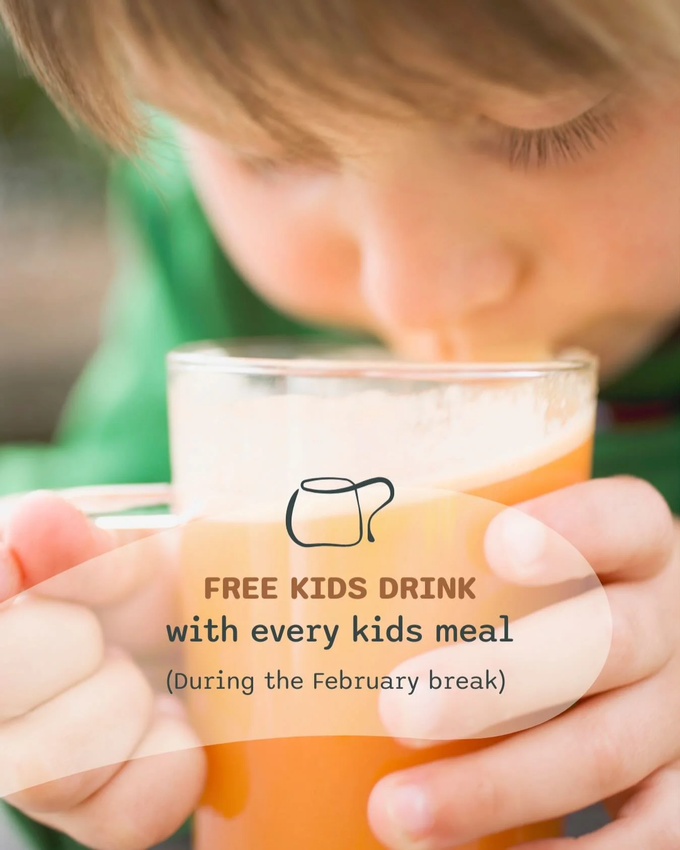 The February break calls for easy meals and happy kids 🧡 Stop in and enjoy a free kids drink with every kids meal - because little treats make the week better.

❗️Please note this offer will run from Monday 16th - Monday 23rd February. 

#FebruaryBr