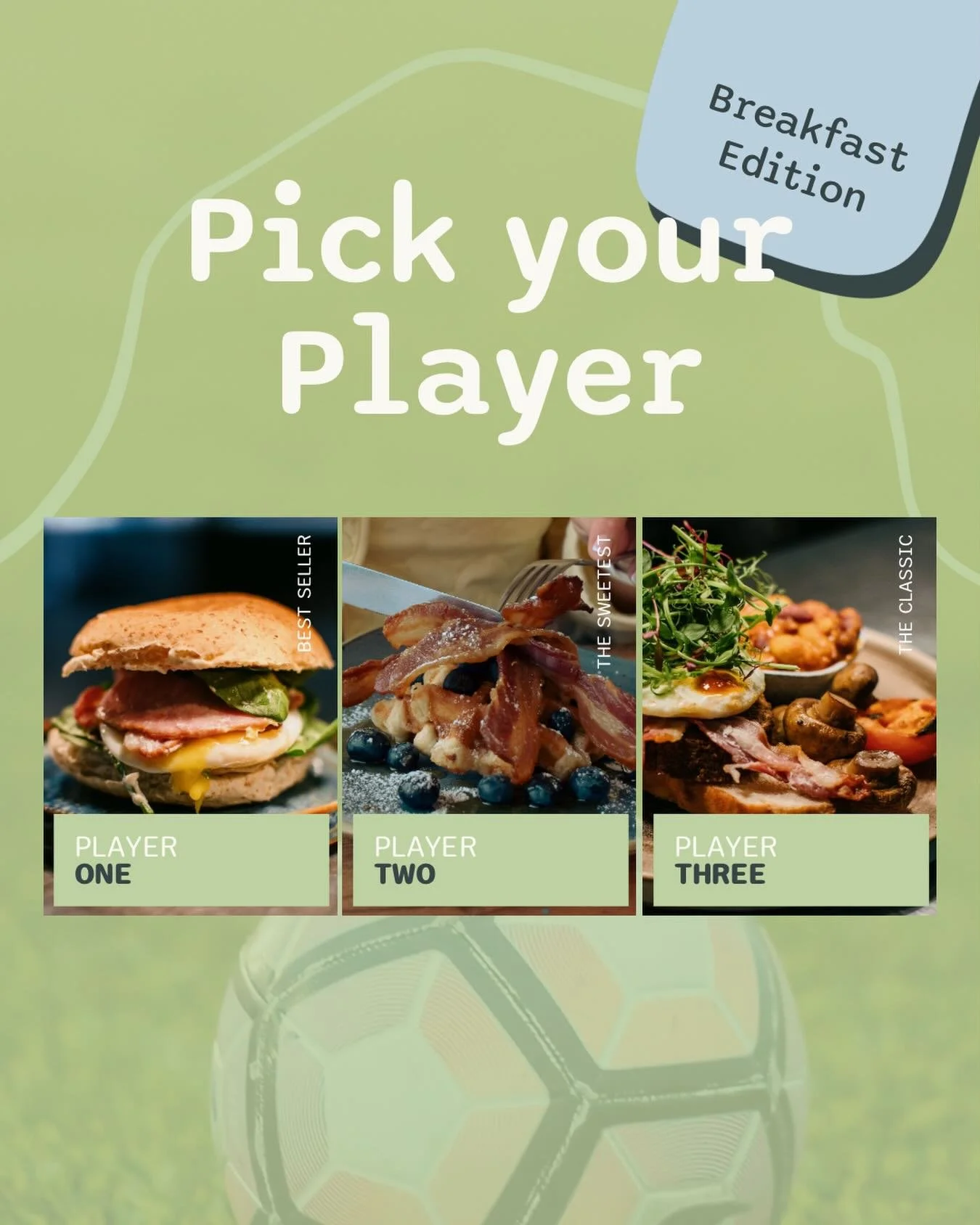 🥓🍳 PICK YOUR PLAYER &ndash; BREAKFAST EDITION 🍳🥓

Which one are you choosing today? 👇

⚽ Player 1 &ndash; Drift Roll
Locally baked roll, herb aioli, fresh spinach, grilled smoked back bacon &amp; a fried free-range egg
(GF available)

⚽ Player 2