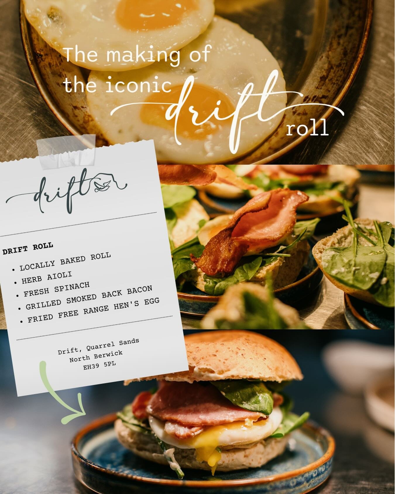 The making of the iconic Drift Roll&hellip;

A firm favourite for good reason...
✔️ Locally baked roll
✔️ Herb aioli
✔️ Fresh spinach
✔️ Grilled smoked back bacon
✔️ Fried free-range hen&rsquo;s egg

Simple, fresh, and packed with flavour from the ve