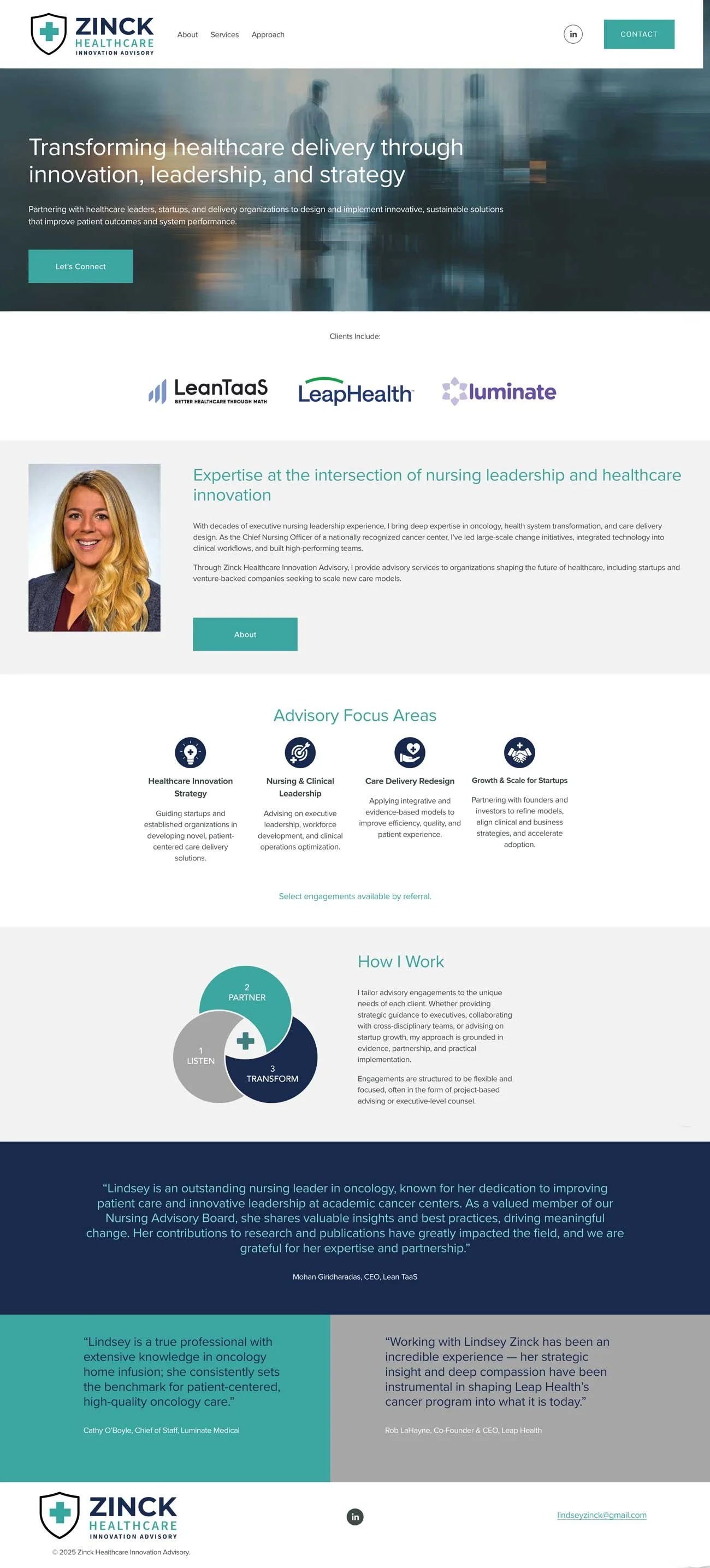 Screenshot of ZINCK Healthcare Innovation Advisory website homepage with a header, main section about healthcare innovation strategy, a portrait of a woman, advisory focus areas, description of working methodology, client testimonials, contact info, and social media icons.
