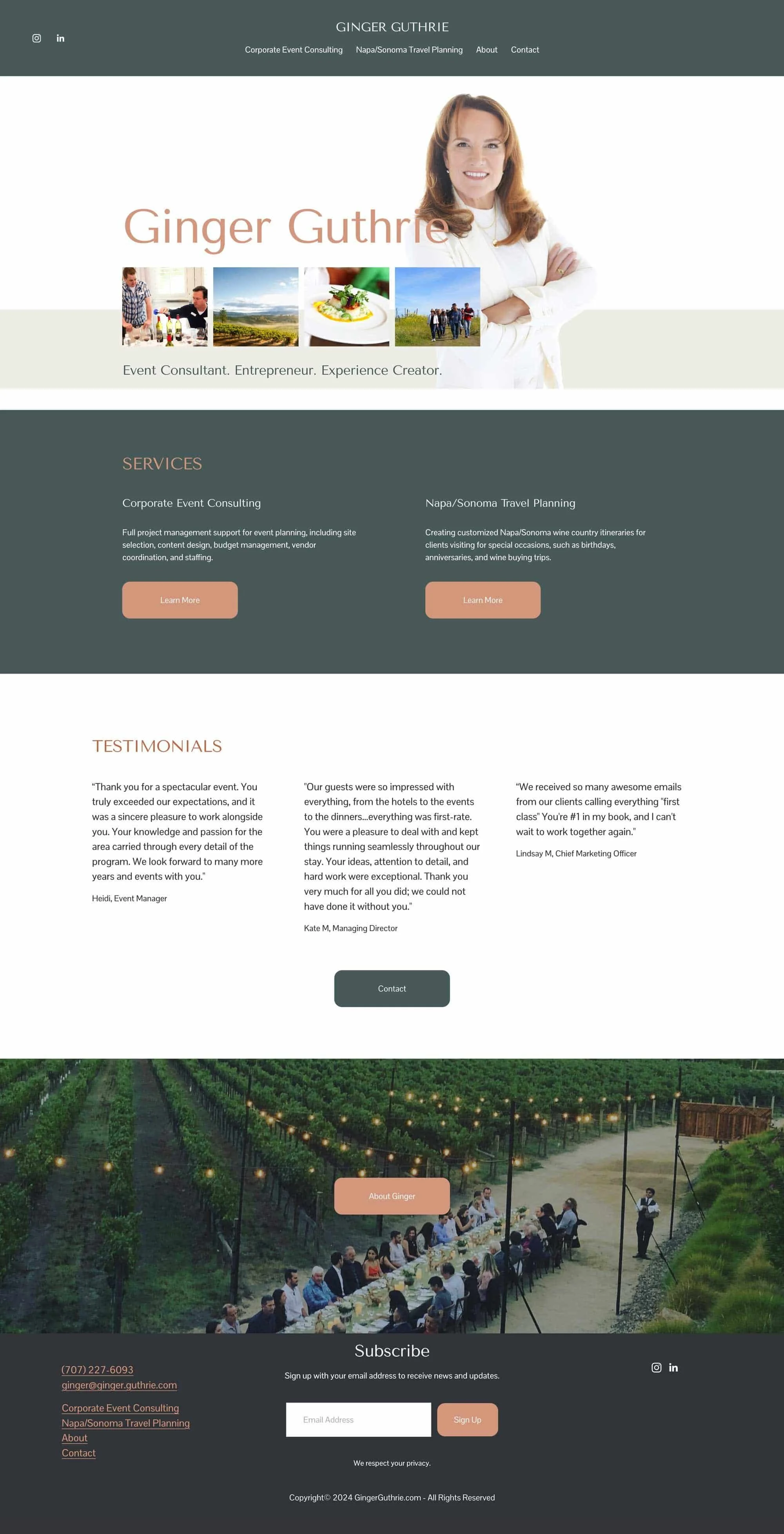 Screenshot of Ginger Guthrie's website homepage featuring a large photo of her smiling with folded arms, sections on services, testimonials, an outdoor event with people dining in a vineyard setting, and contact information at the bottom.
