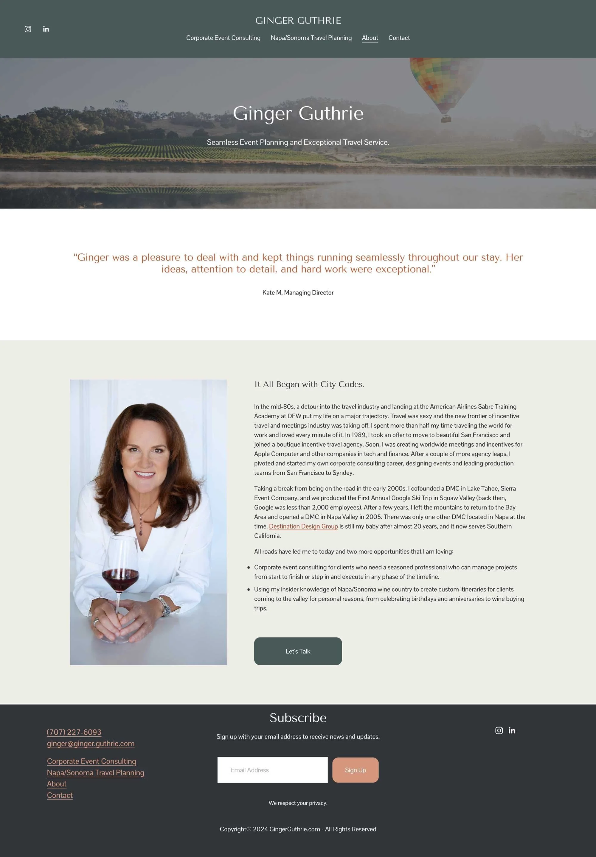 Screenshot of Ginger Guthrie's website homepage, featuring a landscape background with hot air balloons, navigation menu, a photo of Ginger Guthrie holding a glass of wine, and sections with text about her background and services.