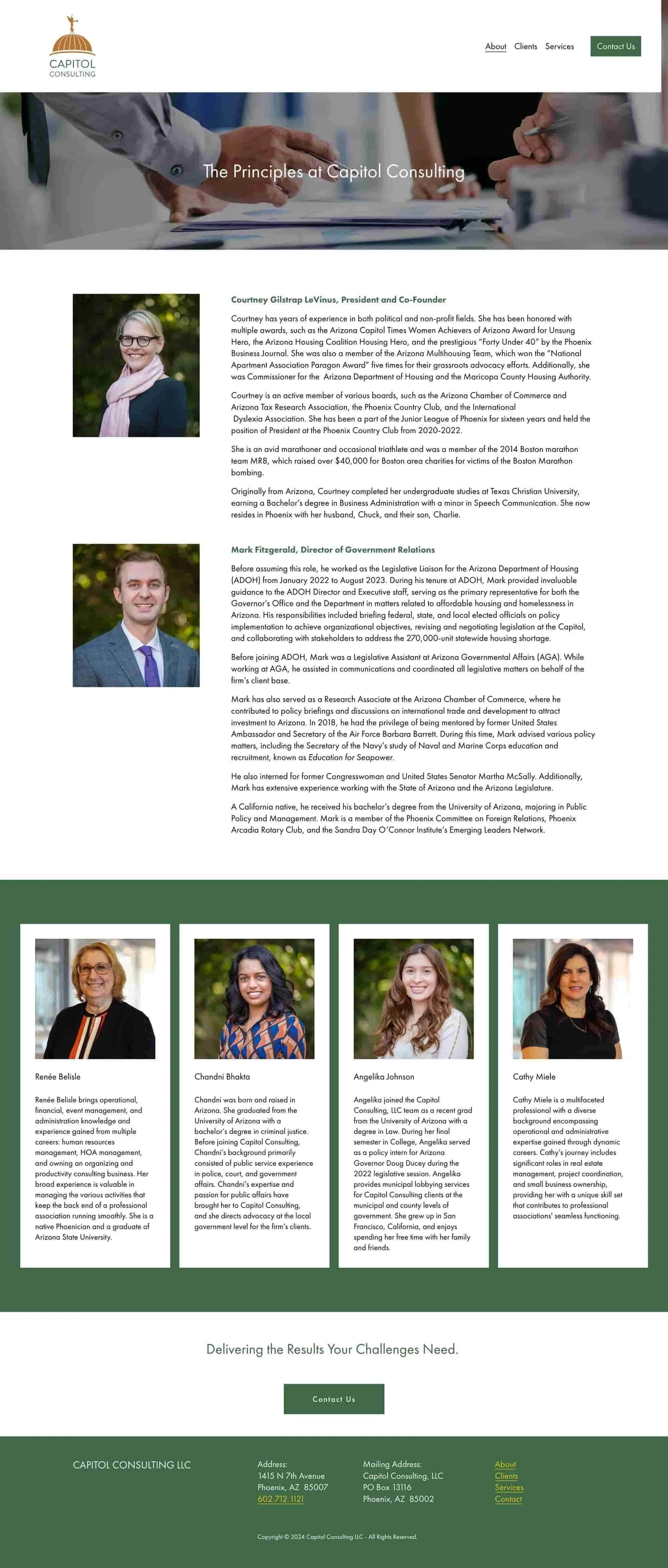 Homepage of Capitol Consulting LLC website showing an introductory section with a header image of a handshake, and profiles of team members including Courtney Gilstrap LeVinus, Mark Fitzgerald, Renée Belisle, Chandni Bhakta, Angelika Johnson, and Cathy Miele.