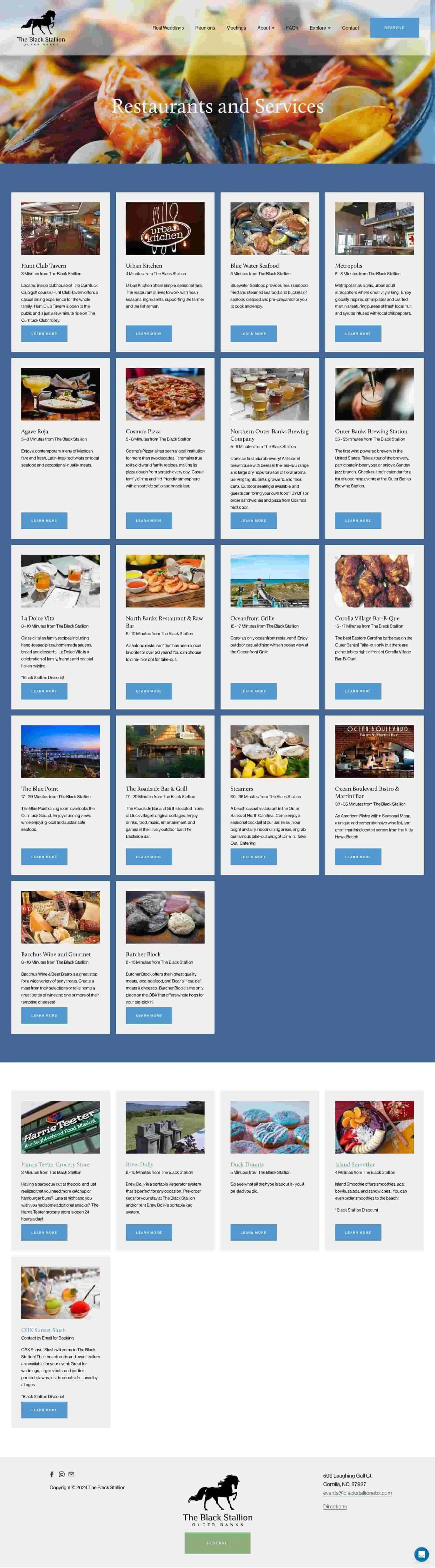 A webpage showing various restaurants and services at The Black Stallion, including seafood, pizza, brewing companies, and farms, with images and descriptions of each establishment.