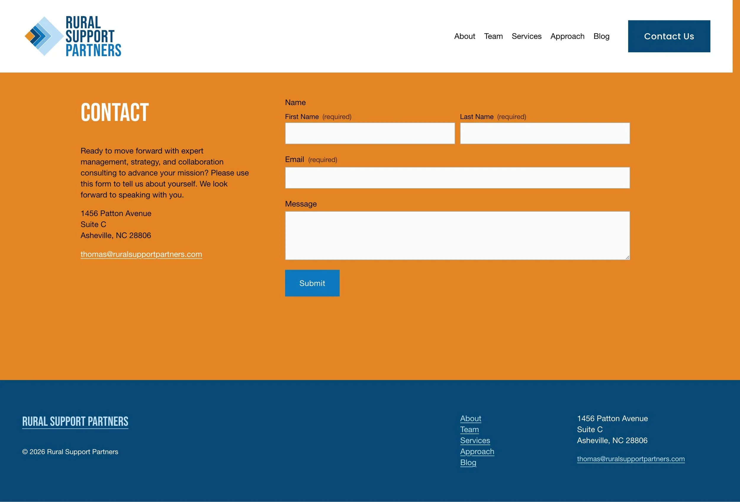 Squarespace web page. Screenshot of the contact page of the Rural Support Partners website with a contact form and company information.