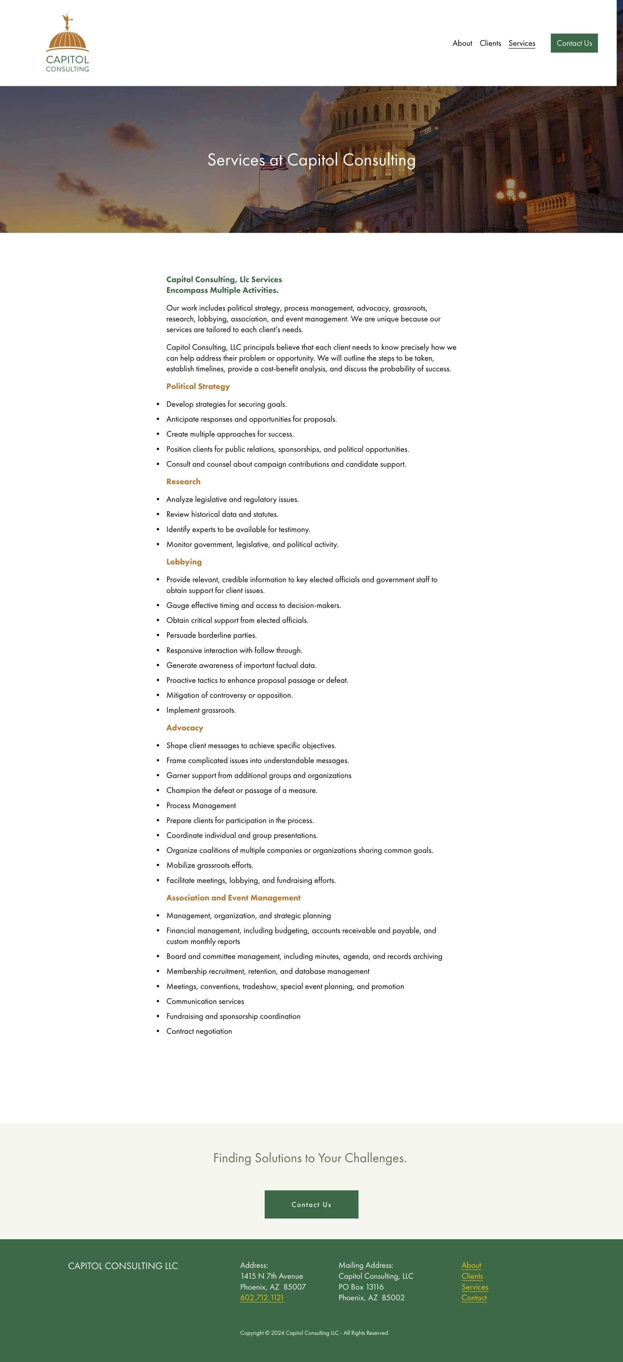 Screenshot of Capitol Consulting LLC's website showcasing their services including political strategy, research, lobbying, advocacy, and event management. The page has a header with navigation options, a large header image of the Capitol building at sunset, and the footer includes contact information and links.