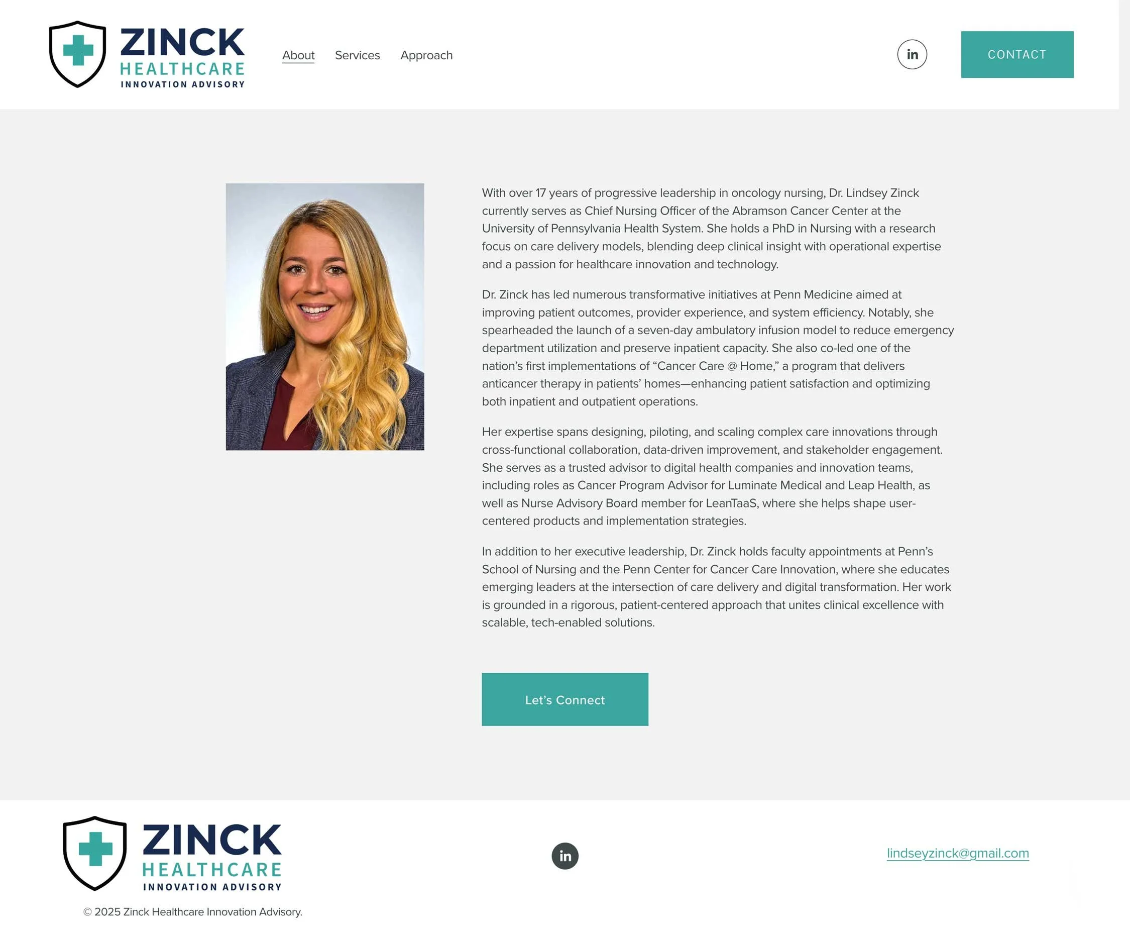 About website page of Zinck Healthcare featuring a photograph of Dr. Lindsey Zinck with long blonde hair, smiling, wearing a dark blazer over a red top, and a detailed biography on a white background, with a teal 'Let's Connect' button.