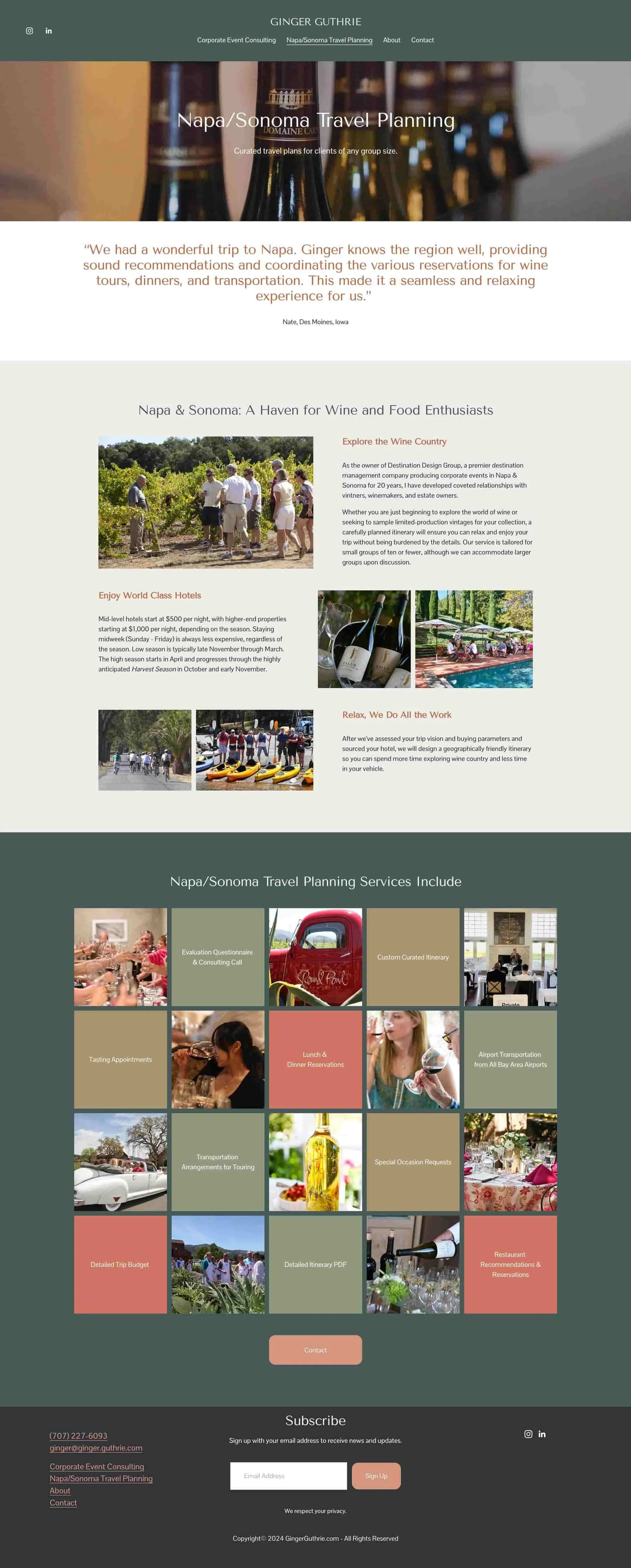 Screenshot of a website for Ginger Guthrie's Napa/Sonoma travel planning services, featuring images of wine bottles, groups of people touring vineyards, a pool, and various travel-related services offered.
