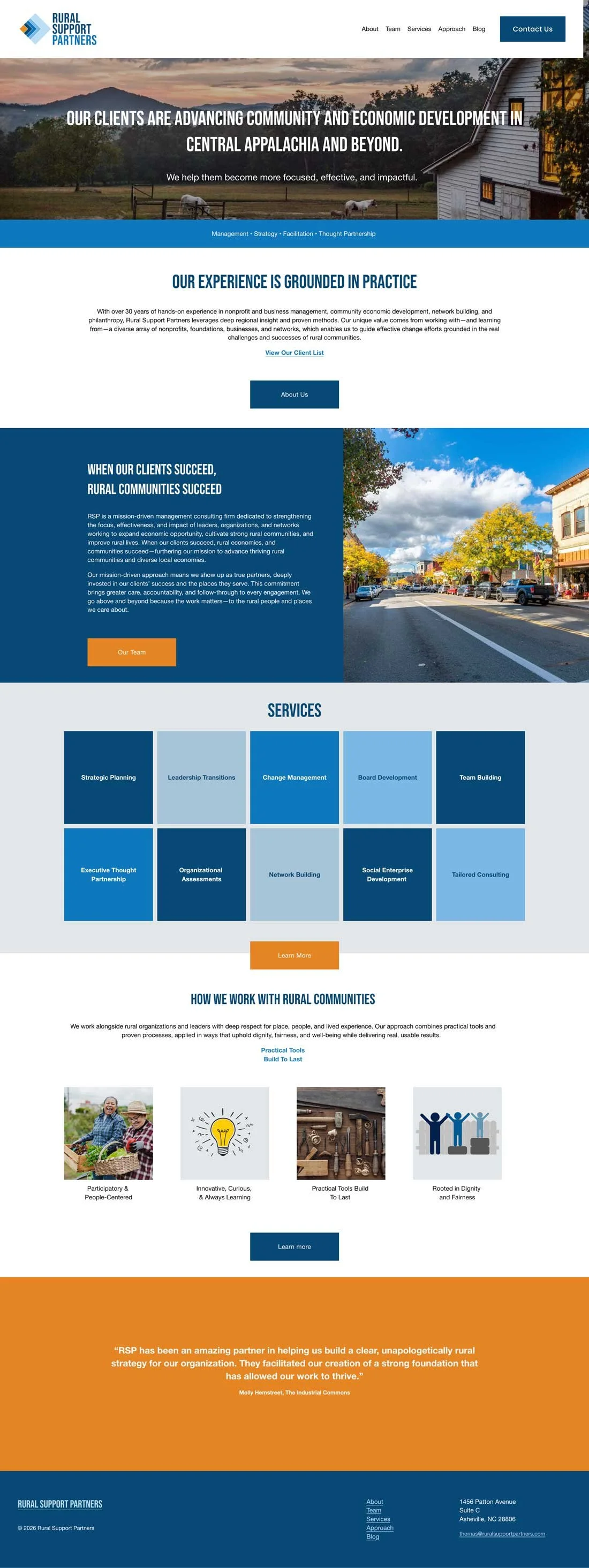 Screenshot of the Rural Support Partners website homepage, featuring a mountain landscape, a rural street, and sections about community development services.