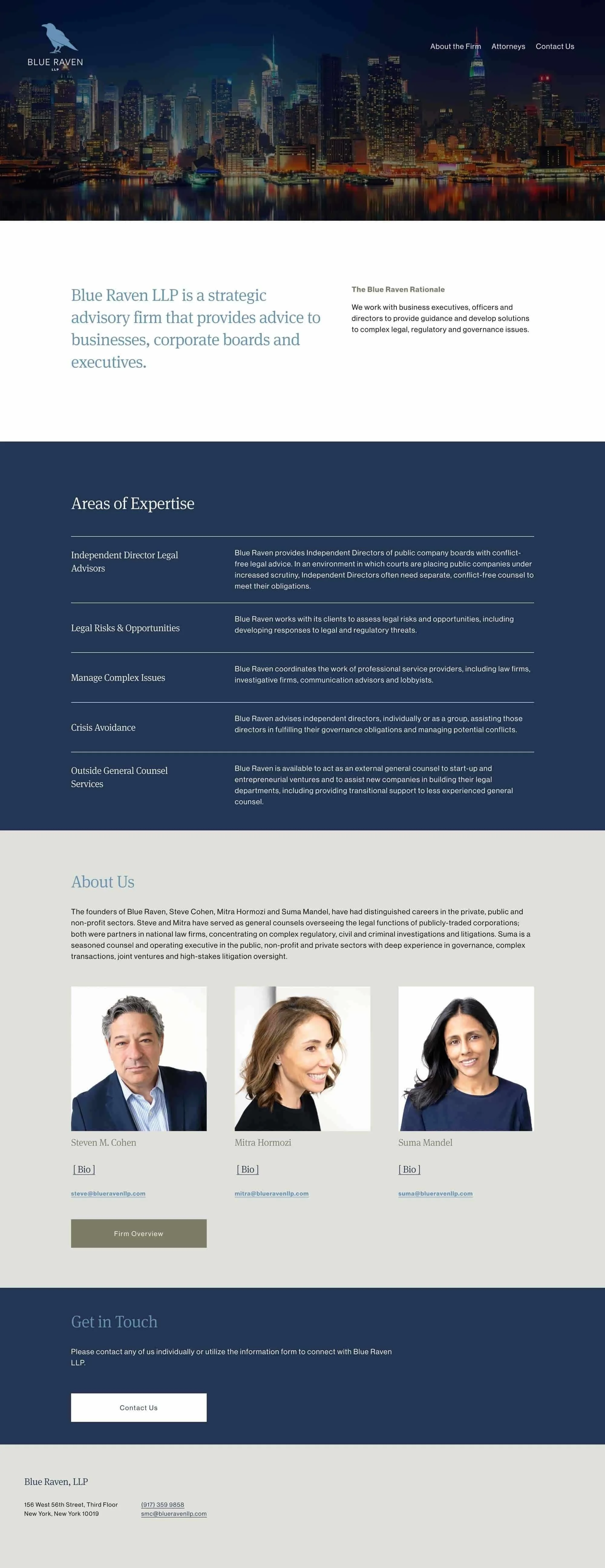 The homepage of a Blue Raven law firm's website with a city skyline at night in the header. The firm provides legal and regulatory advice to businesses and executives. Includes sections on areas of expertise, about us, and contact information.