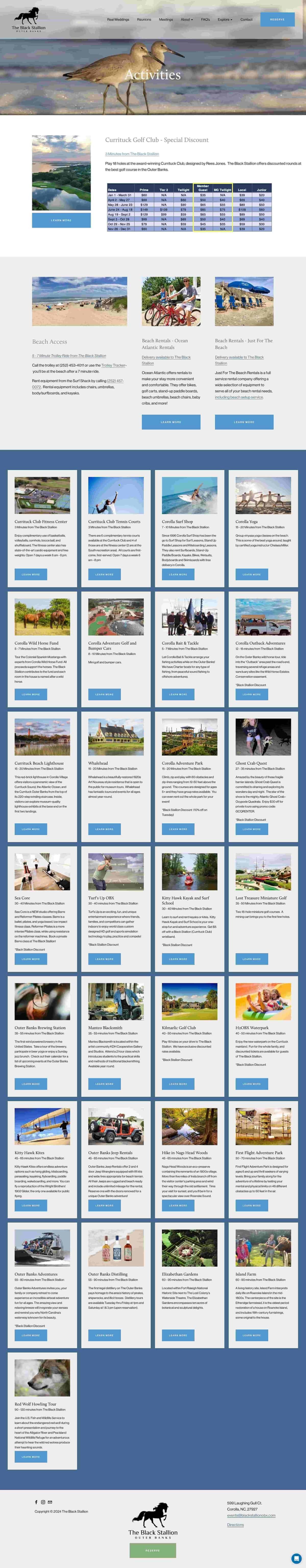 A website homepage for The Black Stallion Duck Sanctuary, featuring main image of two shorebirds on a beach with the word 'Activities'. Includes sections for activities, beach access, rentals, adventure programs, and a variety of outdoor and recreational offerings.