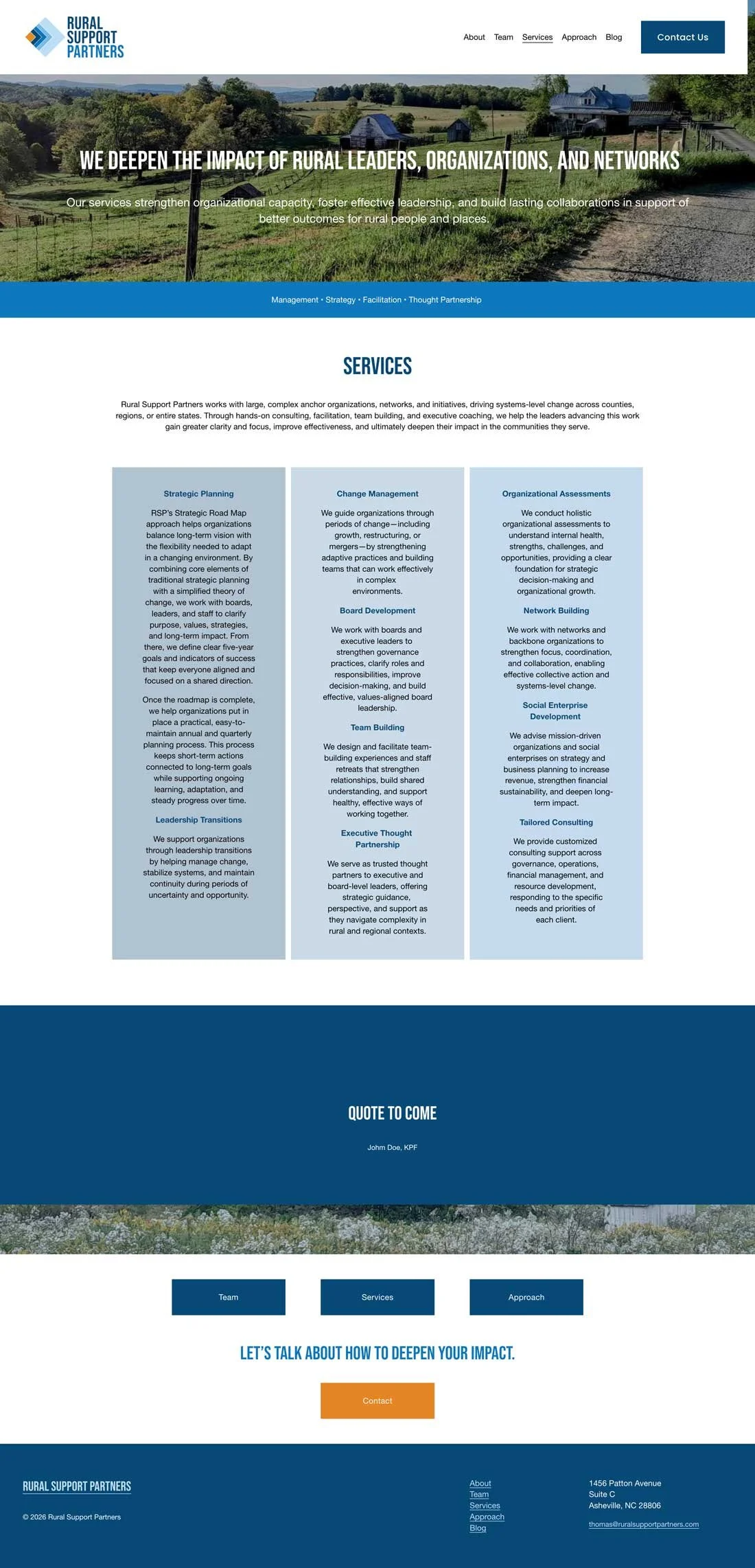 Squarespace website for Rural Support Partners featuring a rural landscape with farms and fields, a menu bar with options about team, services, approach, blog, and a contact button, and sections describing the organization’s services and mission