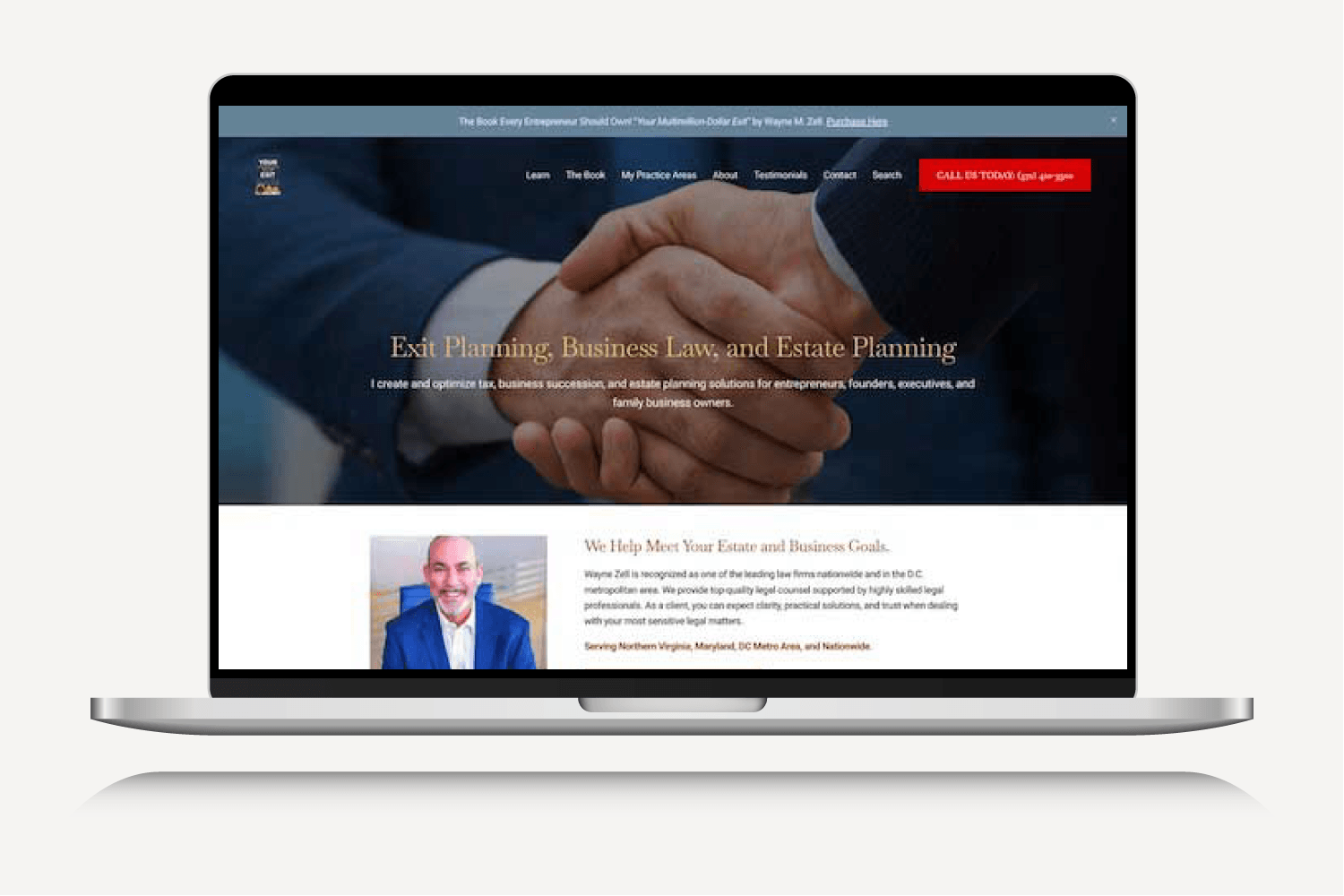 Laptop displaying a Law website about estate planning, business law, and estate planning, featuring a handshake image at the top and a photo of a smiling man in a blue suit below.
