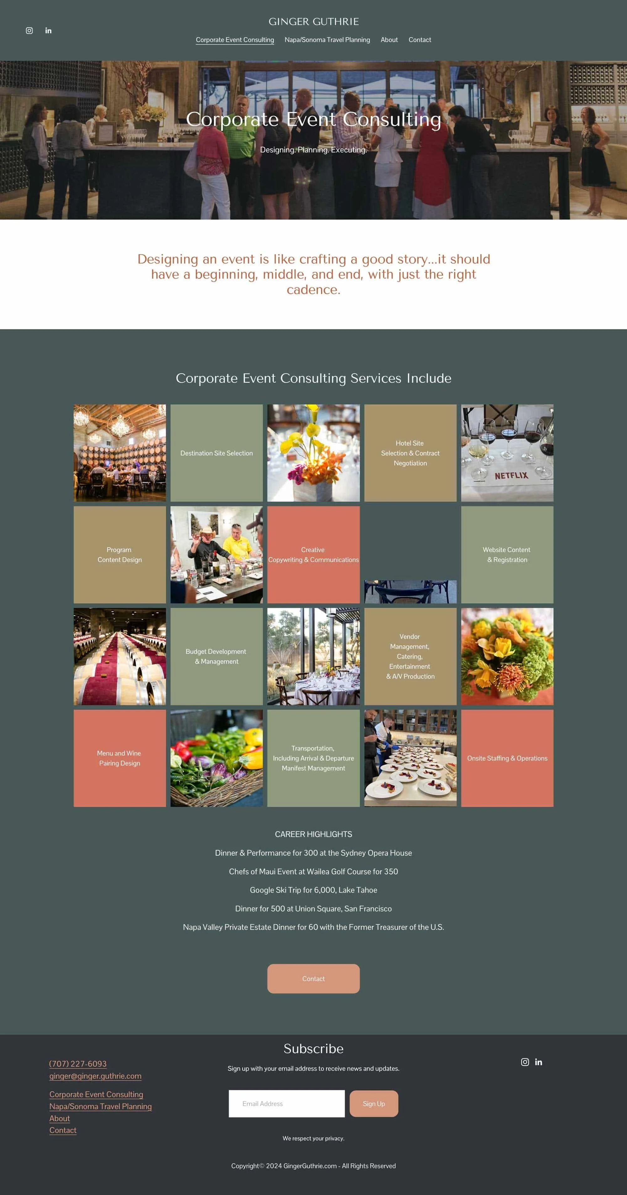 Screenshot of Ginger Guthrie's website for corporate event consulting, showing a banner image of people at a social event, services offered, and contact information.